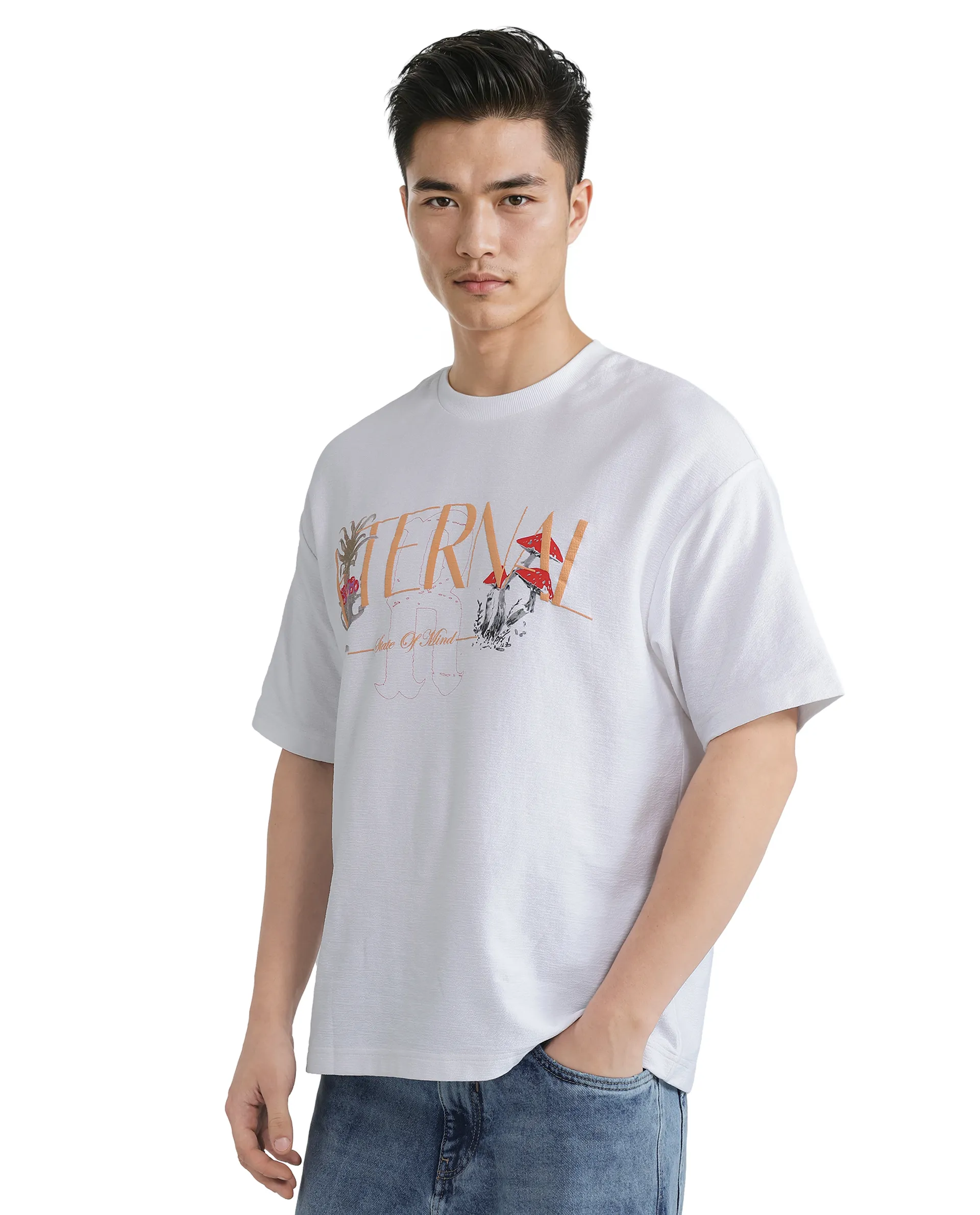 Rare Rabbit Men's Graw White Cotton Hd Print Oversized Fit Half Sleeve Crew Neck T-Shirt - Image 4