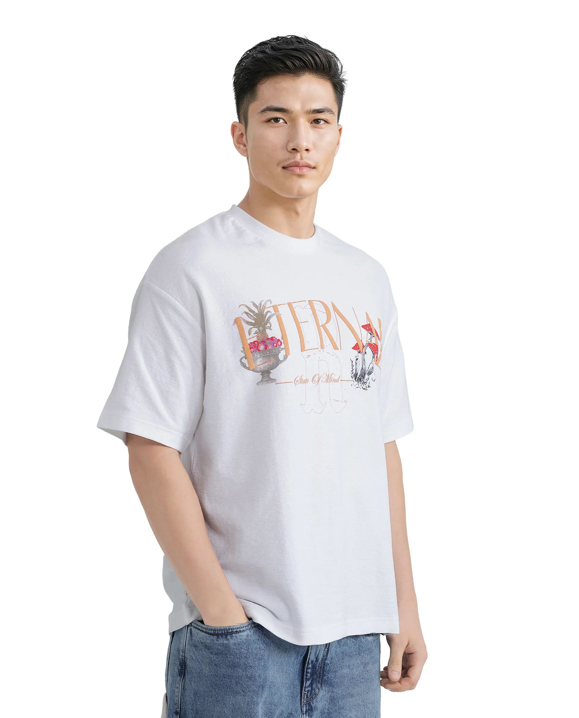Rare Rabbit Men's Graw White Cotton Hd Print Oversized Fit Half Sleeve Crew Neck T-Shirt - Image 6