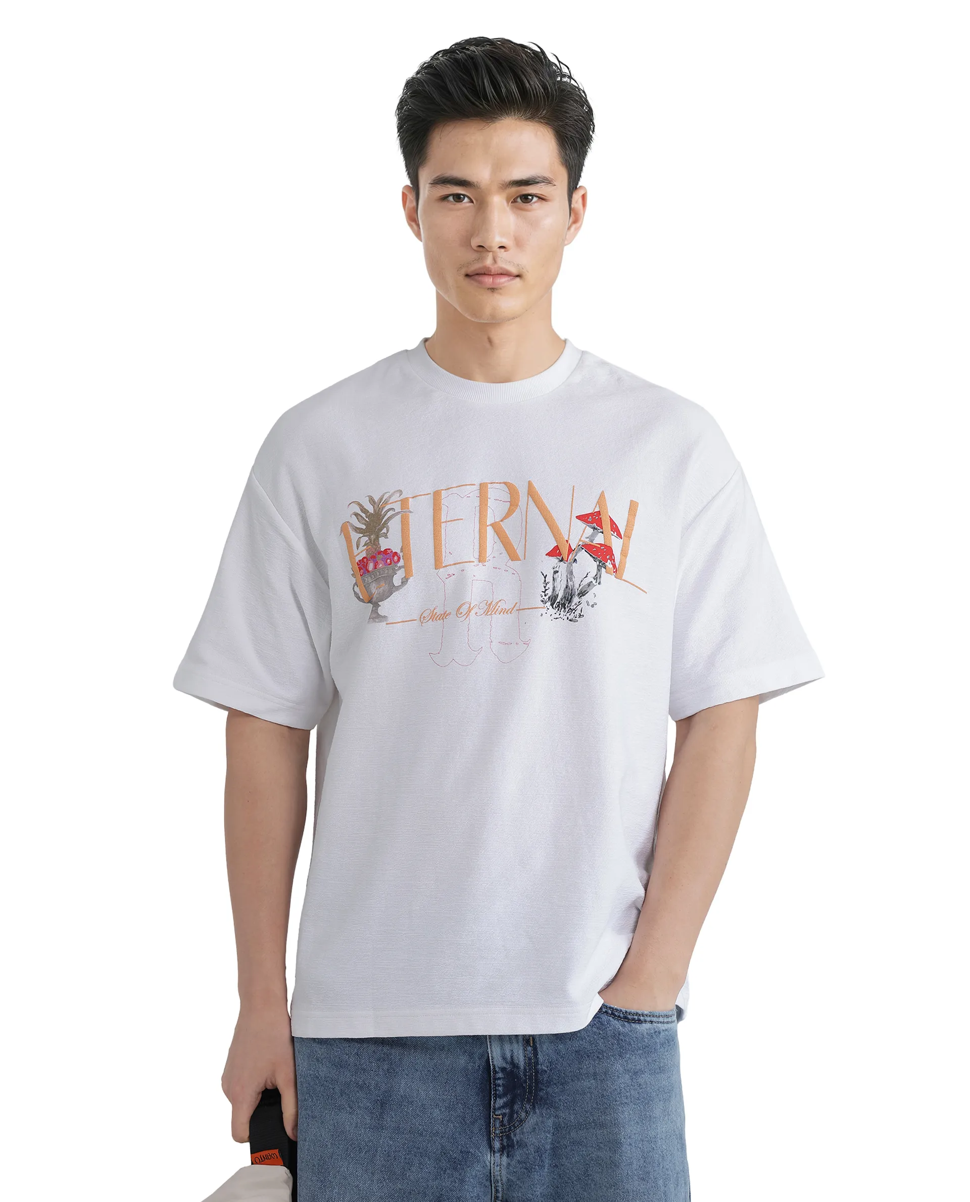 Rare Rabbit Men's Graw White Cotton Hd Print Oversized Fit Half Sleeve Crew Neck T-Shirt - Image 7