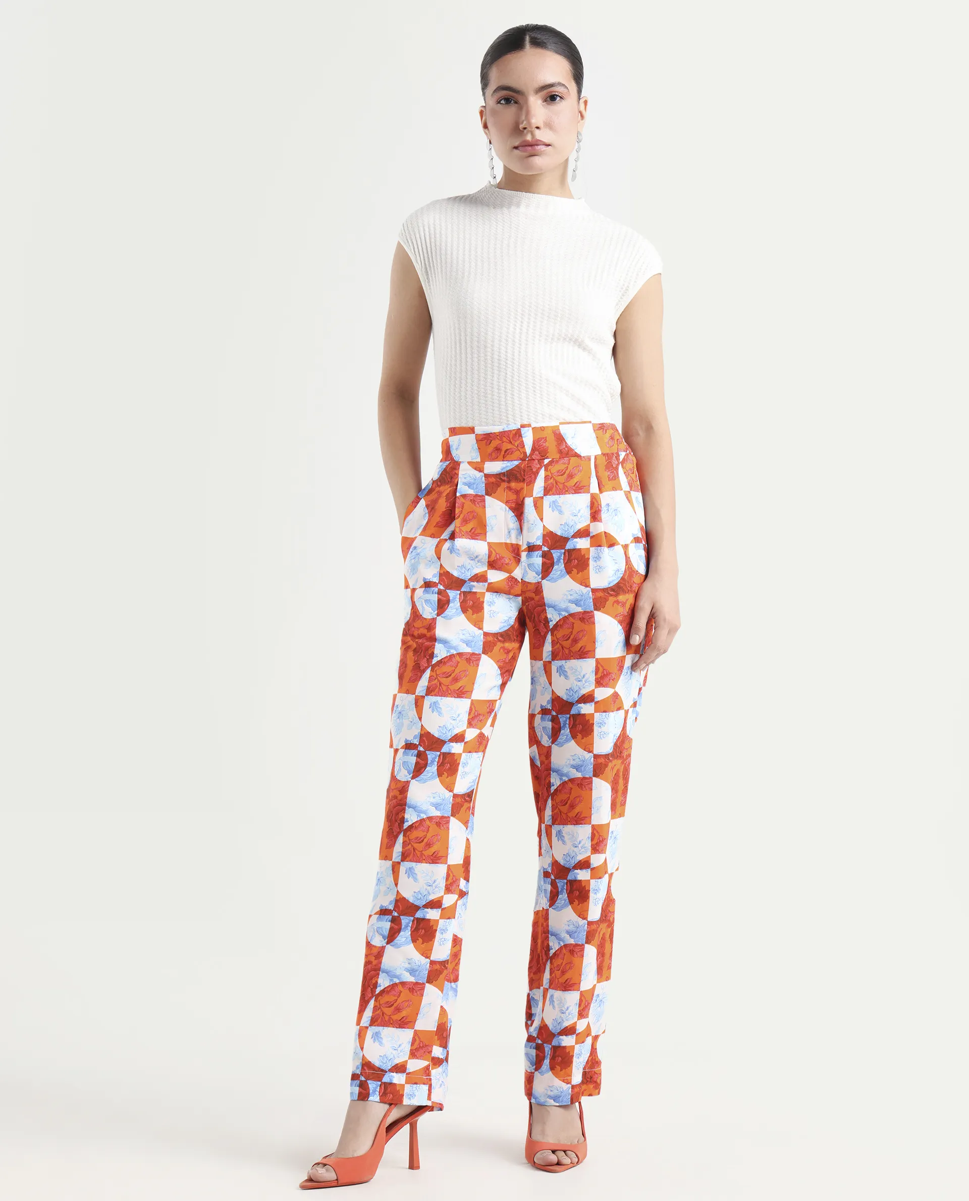 Rareism Women's Gray Orange Viscose Floral Print Ankle Length Regular Fit Trouser - Image 2