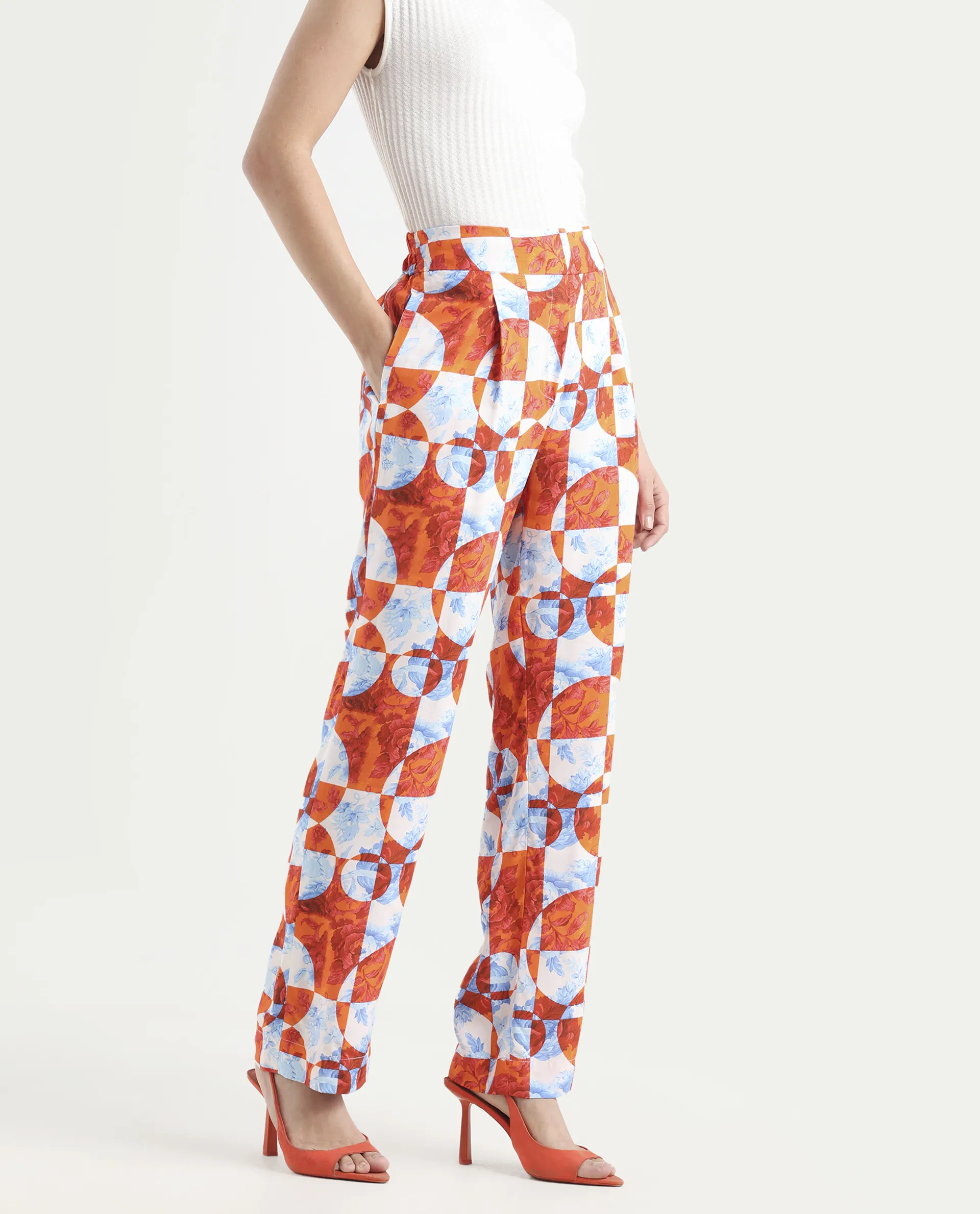 Rareism Women's Gray Orange Viscose Floral Print Ankle Length Regular Fit Trouser - Image 3