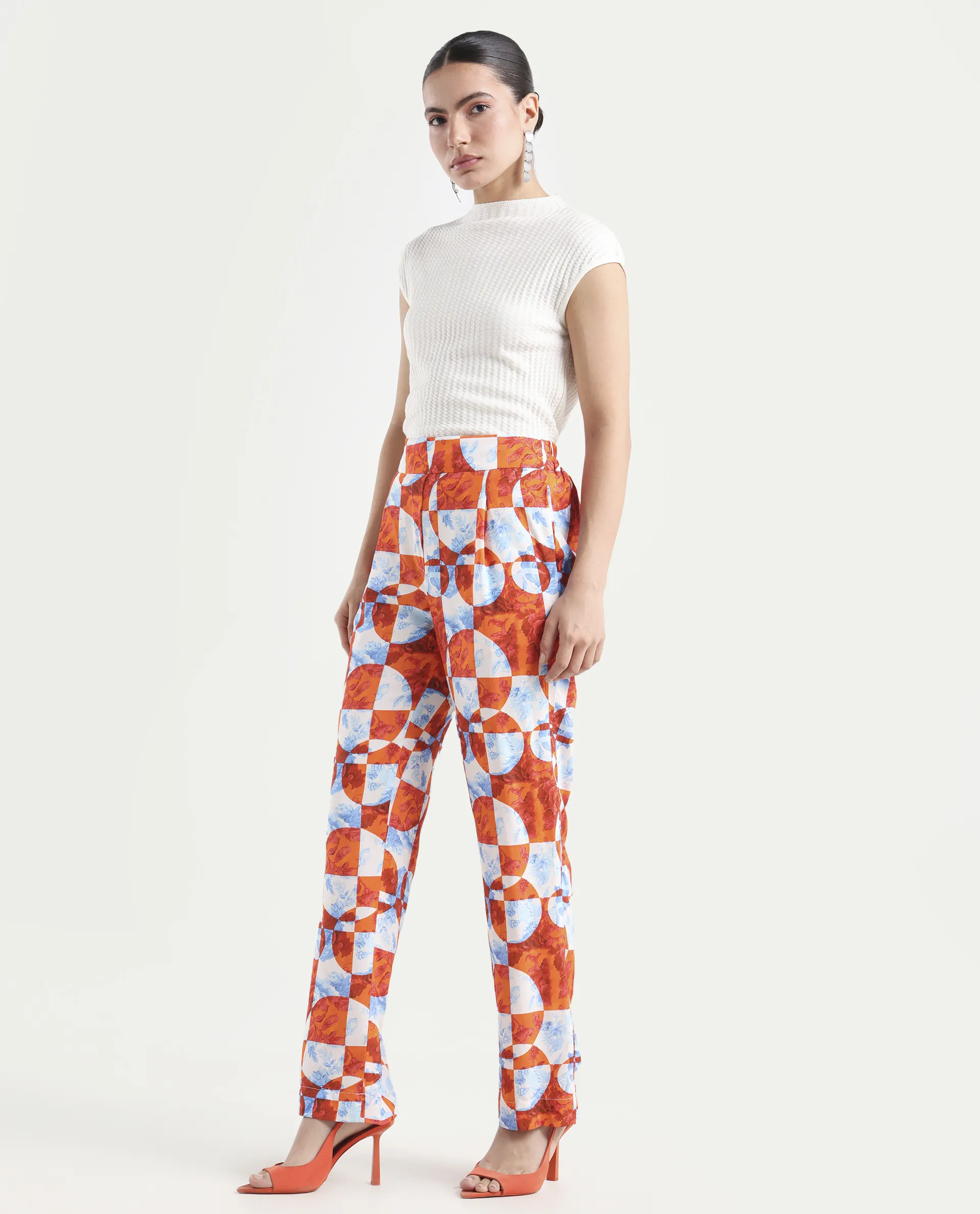 Rareism Women's Gray Orange Viscose Floral Print Ankle Length Regular Fit Trouser - Image 5