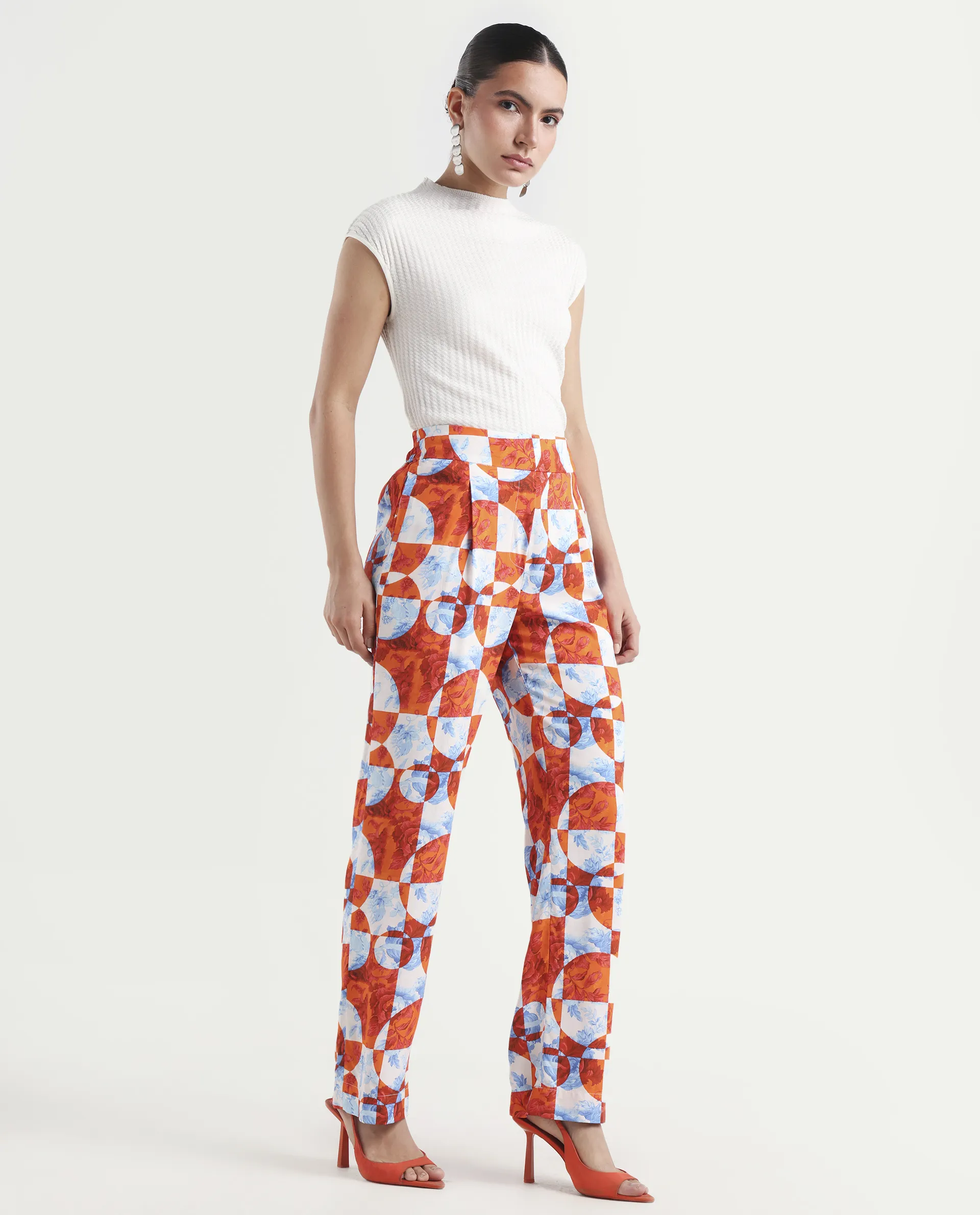 Rareism Women's Gray Orange Viscose Floral Print Ankle Length Regular Fit Trouser - Image 6