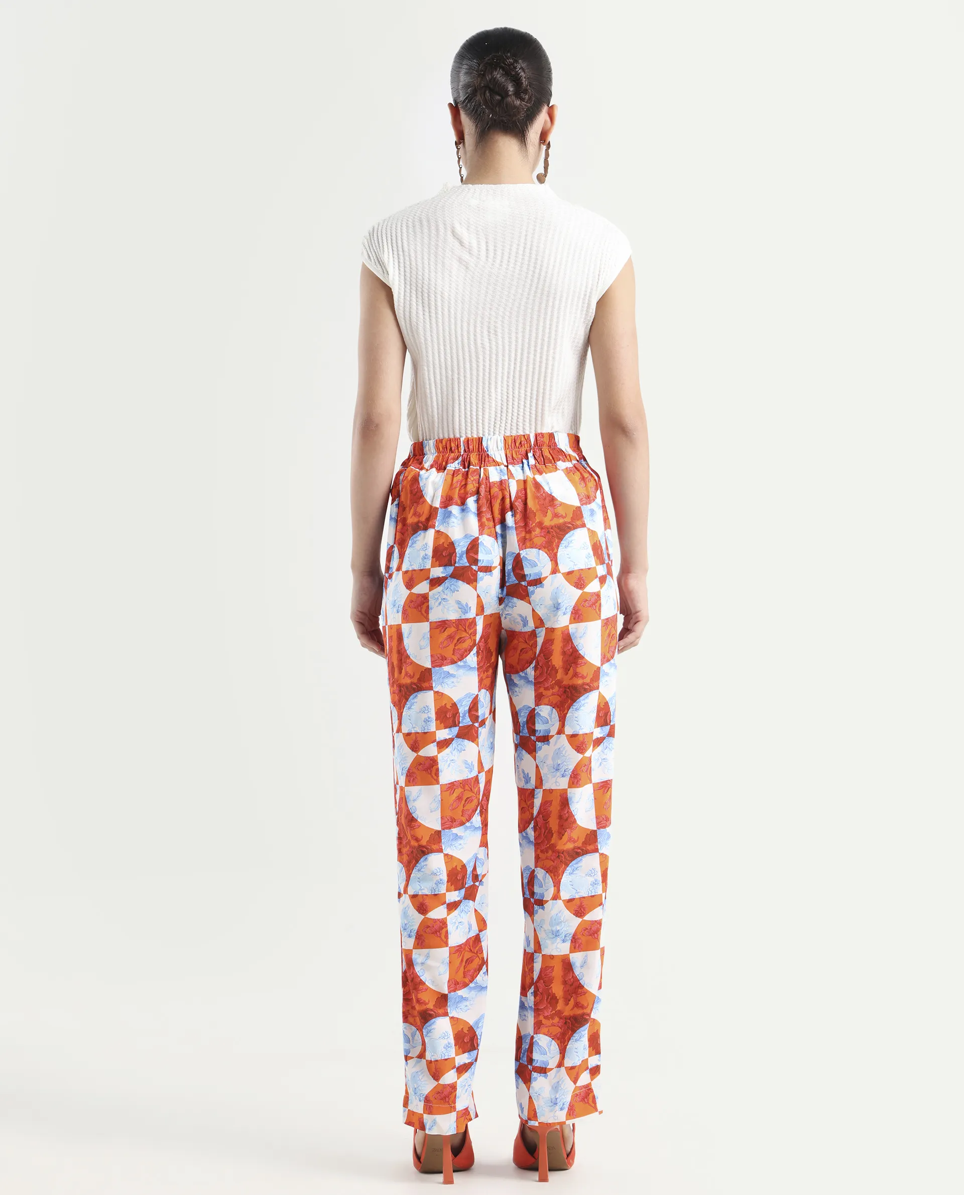 Rareism Women's Gray Orange Viscose Floral Print Ankle Length Regular Fit Trouser - Image 7