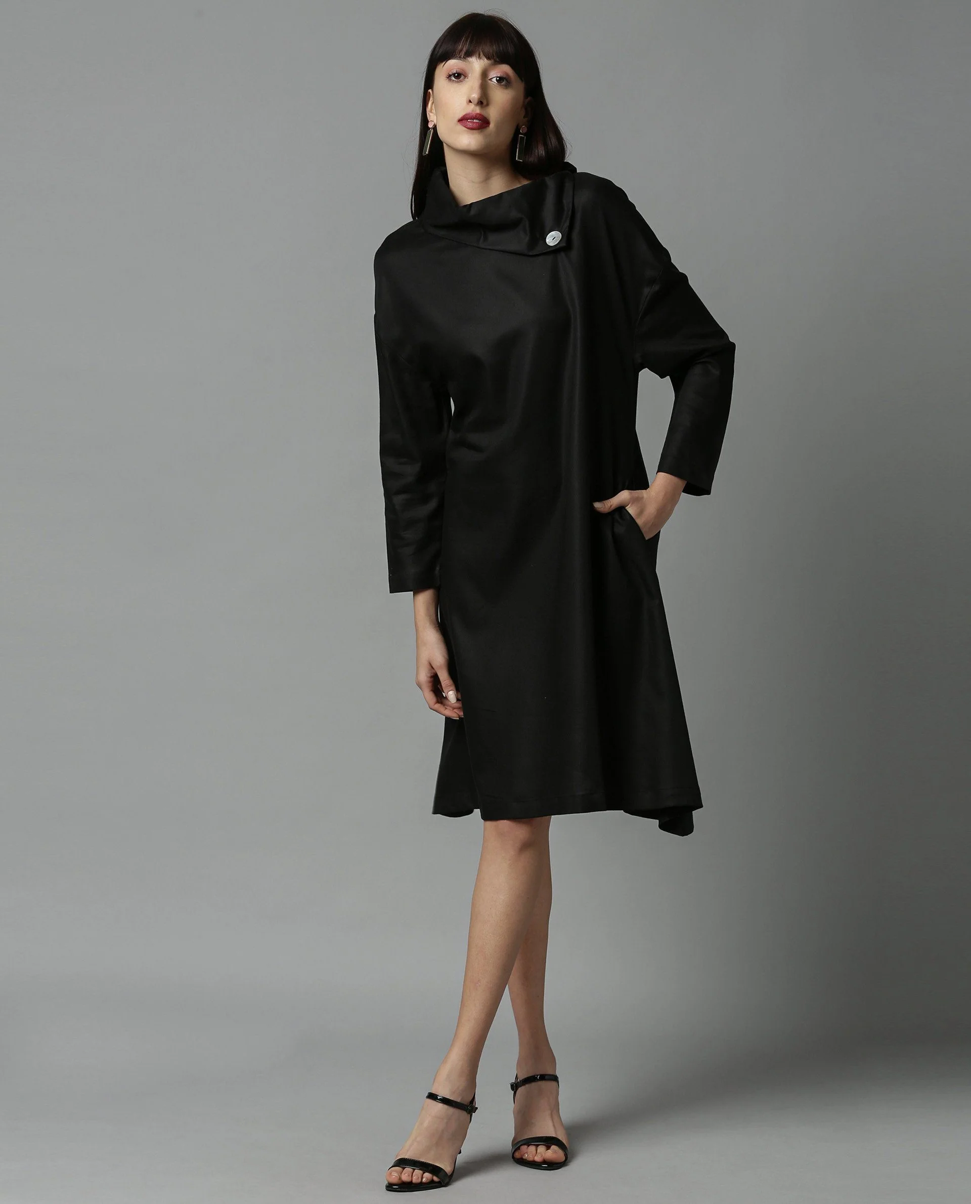 Rareism Womens Graze Black Dress Mid Length Cotton Twill Fabric High Neck A Line Dress