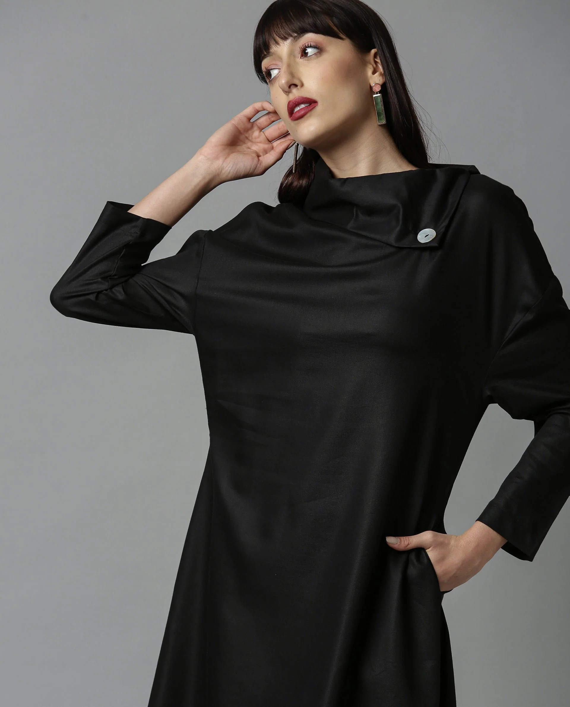Rareism Womens Graze Black Dress Mid Length Cotton Twill Fabric High Neck A Line Dress - Image 2