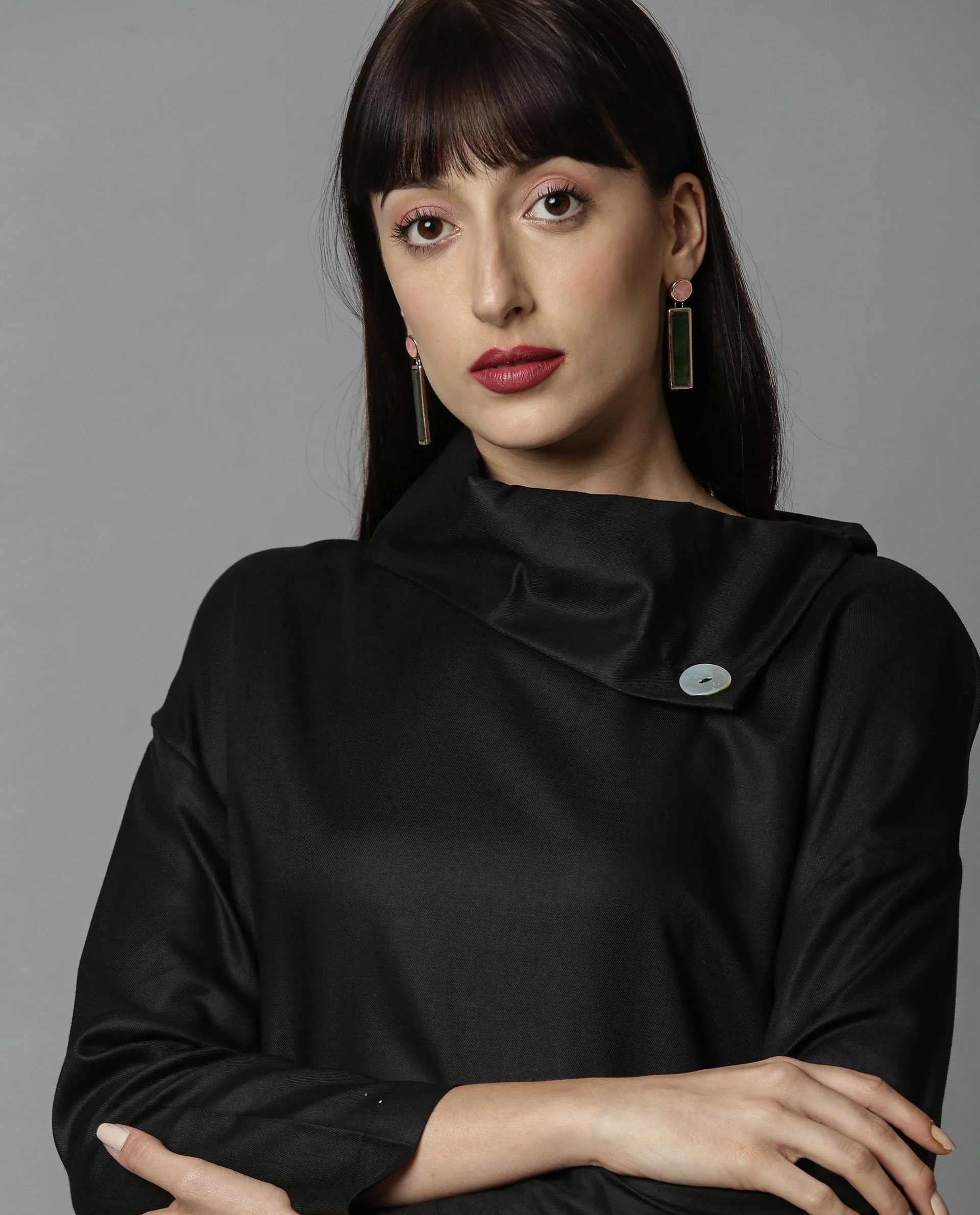 Rareism Womens Graze Black Dress Mid Length Cotton Twill Fabric High Neck A Line Dress - Image 3