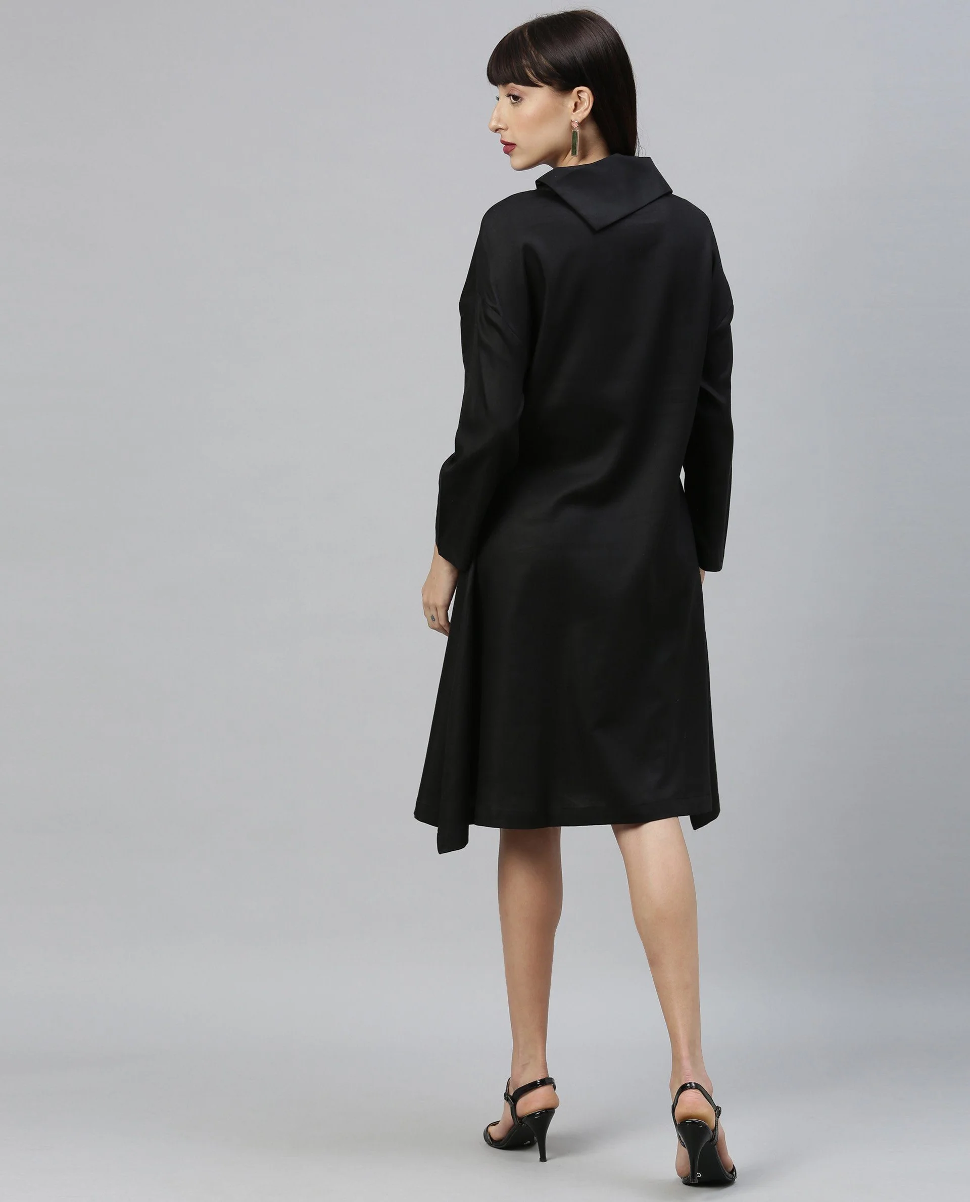 Rareism Womens Graze Black Dress Mid Length Cotton Twill Fabric High Neck A Line Dress - Image 4
