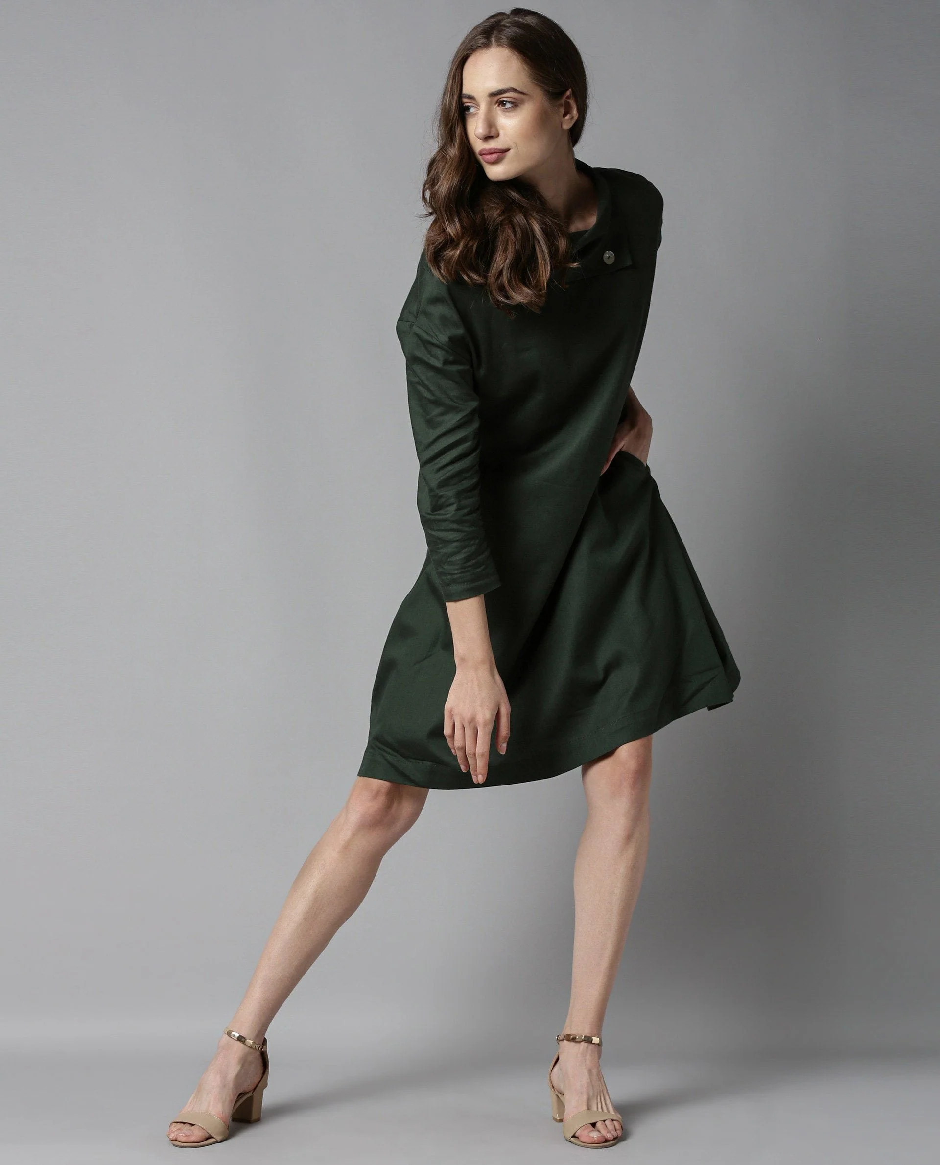 Rareism Womens Graze Green Dress Mid Length Cotton Twill Fabric High Neck A Line Dress - Image 3