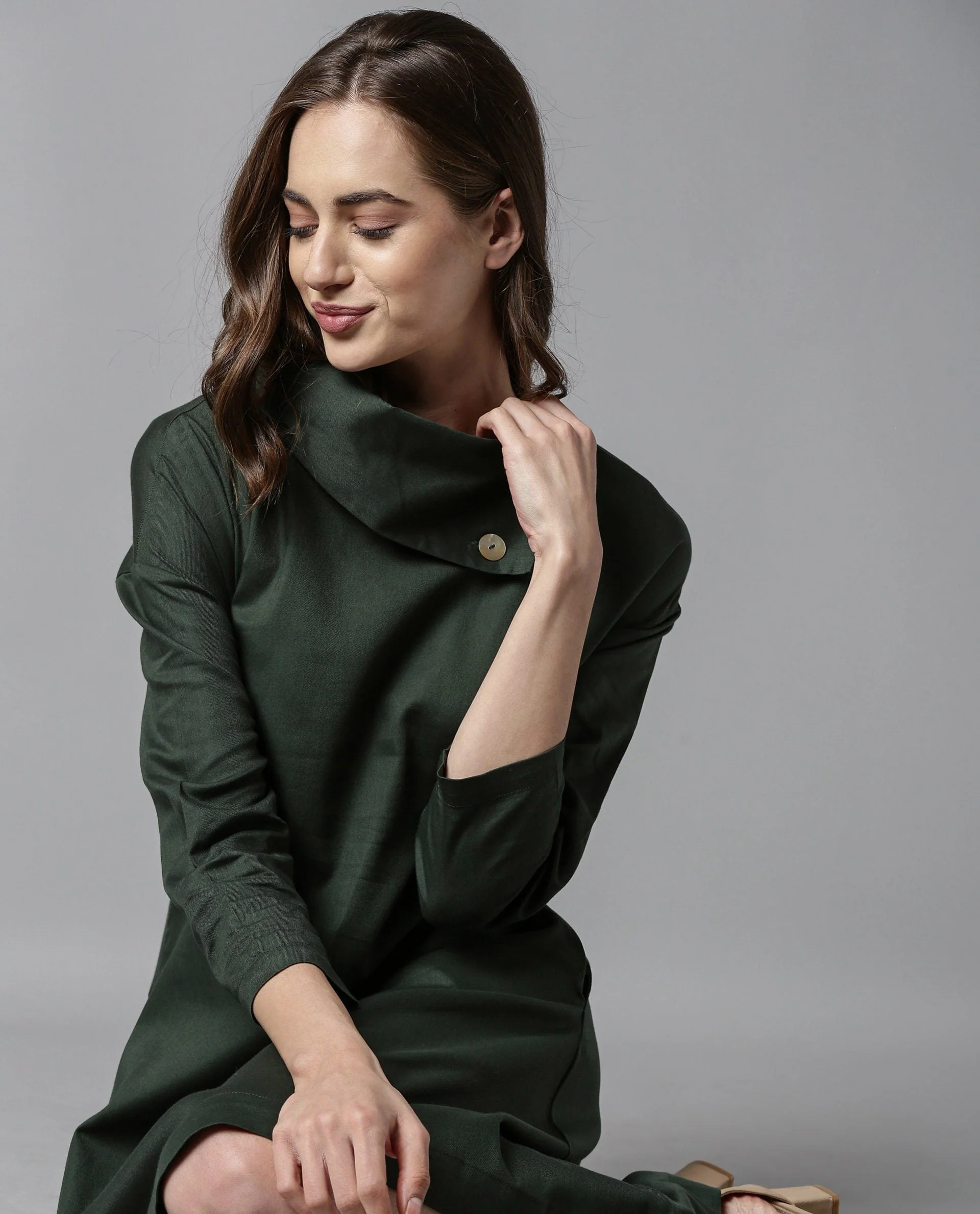 Rareism Womens Graze Green Dress Mid Length Cotton Twill Fabric High Neck A Line Dress - Image 4