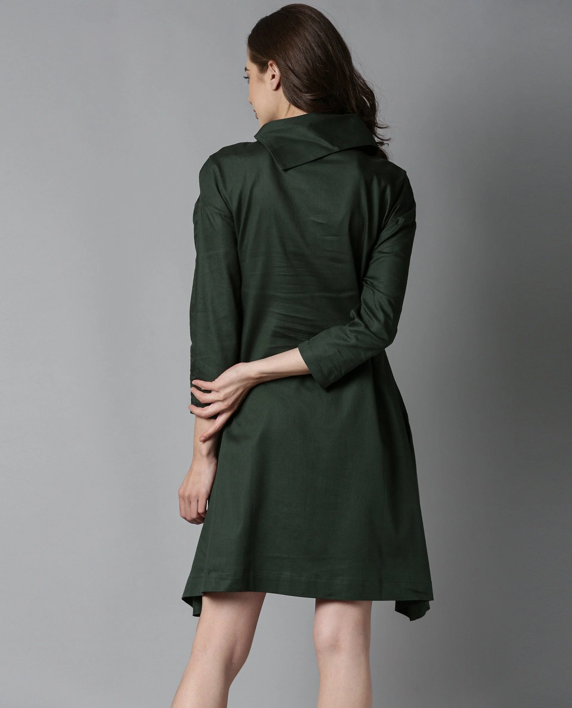 Rareism Womens Graze Green Dress Mid Length Cotton Twill Fabric High Neck A Line Dress - Image 5