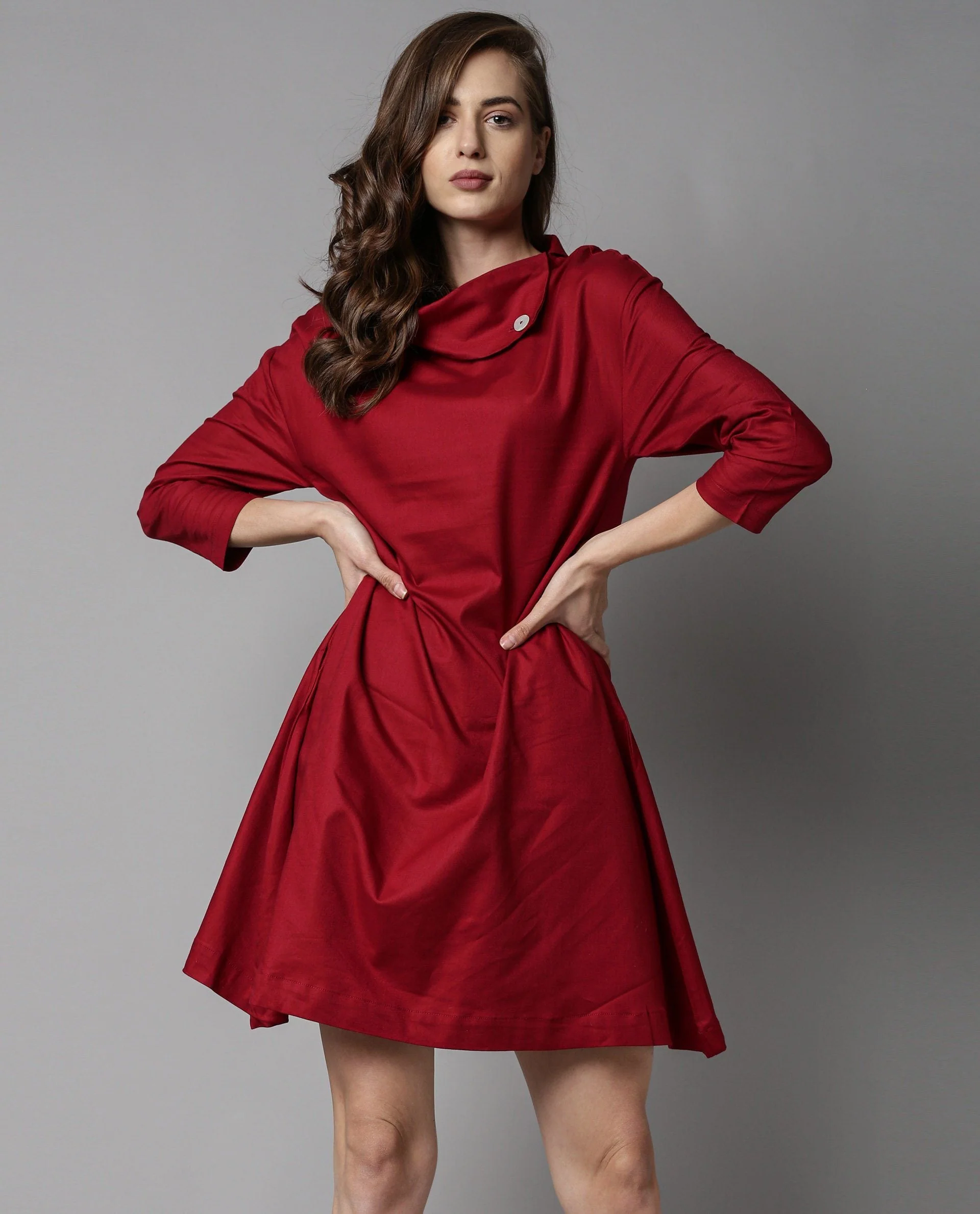 Rareism Womens Graze Maroon Dress Mid Length Cotton Twill Fabric High Neck A Line Dress