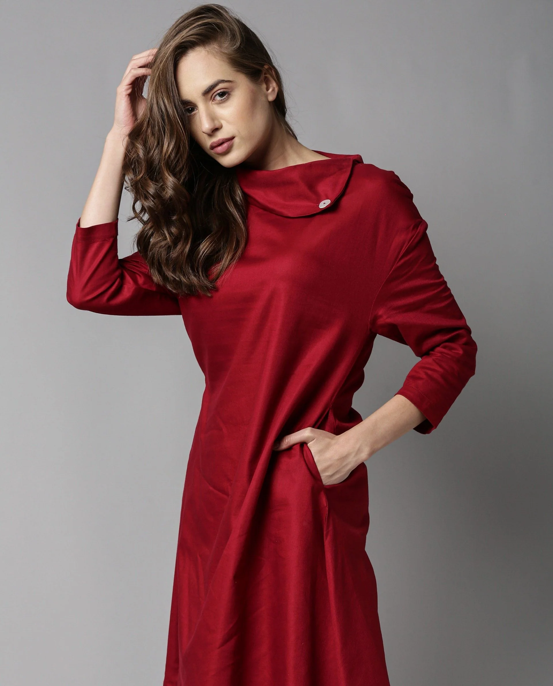 Rareism Womens Graze Maroon Dress Mid Length Cotton Twill Fabric High Neck A Line Dress - Image 3