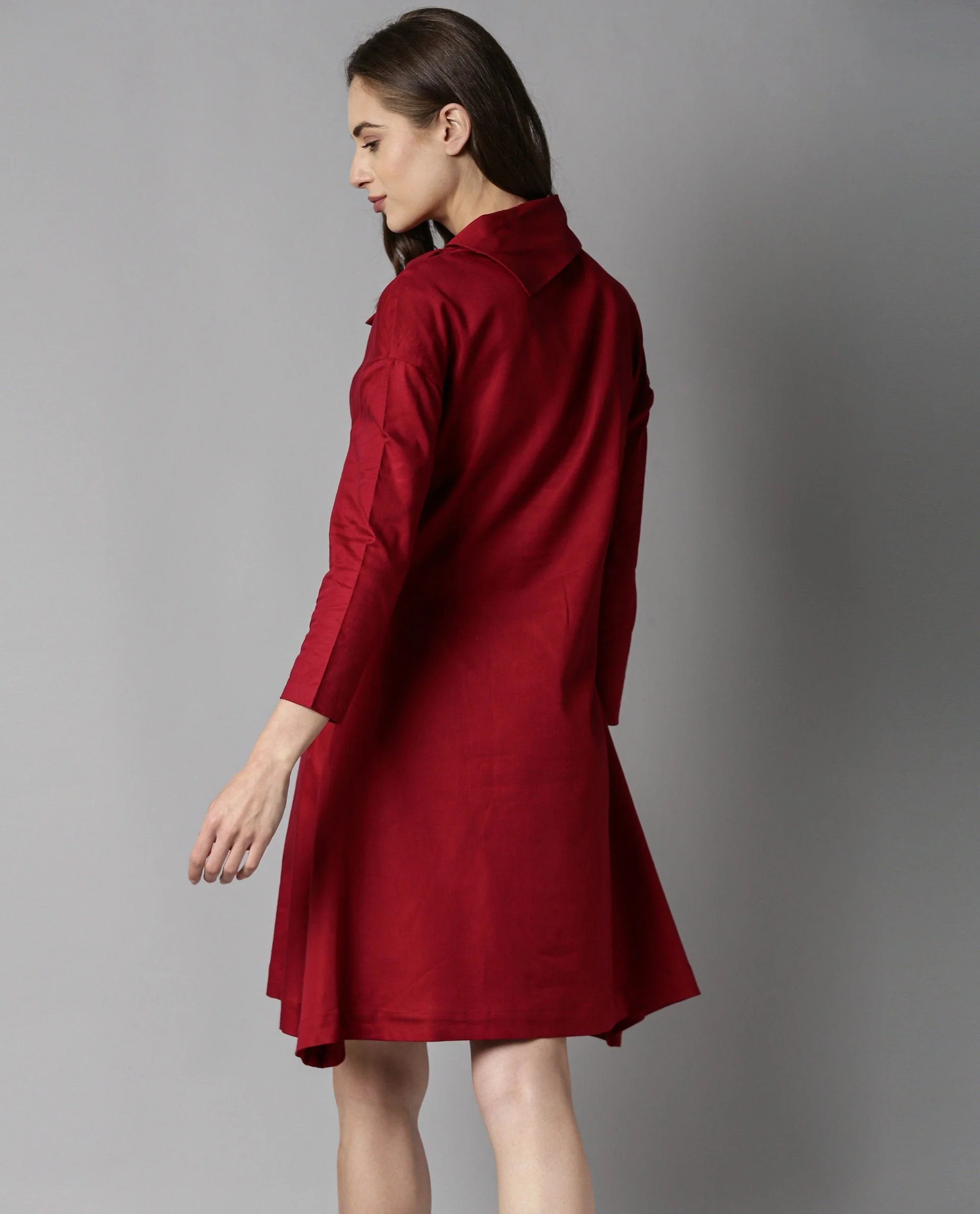 Rareism Womens Graze Maroon Dress Mid Length Cotton Twill Fabric High Neck A Line Dress - Image 5