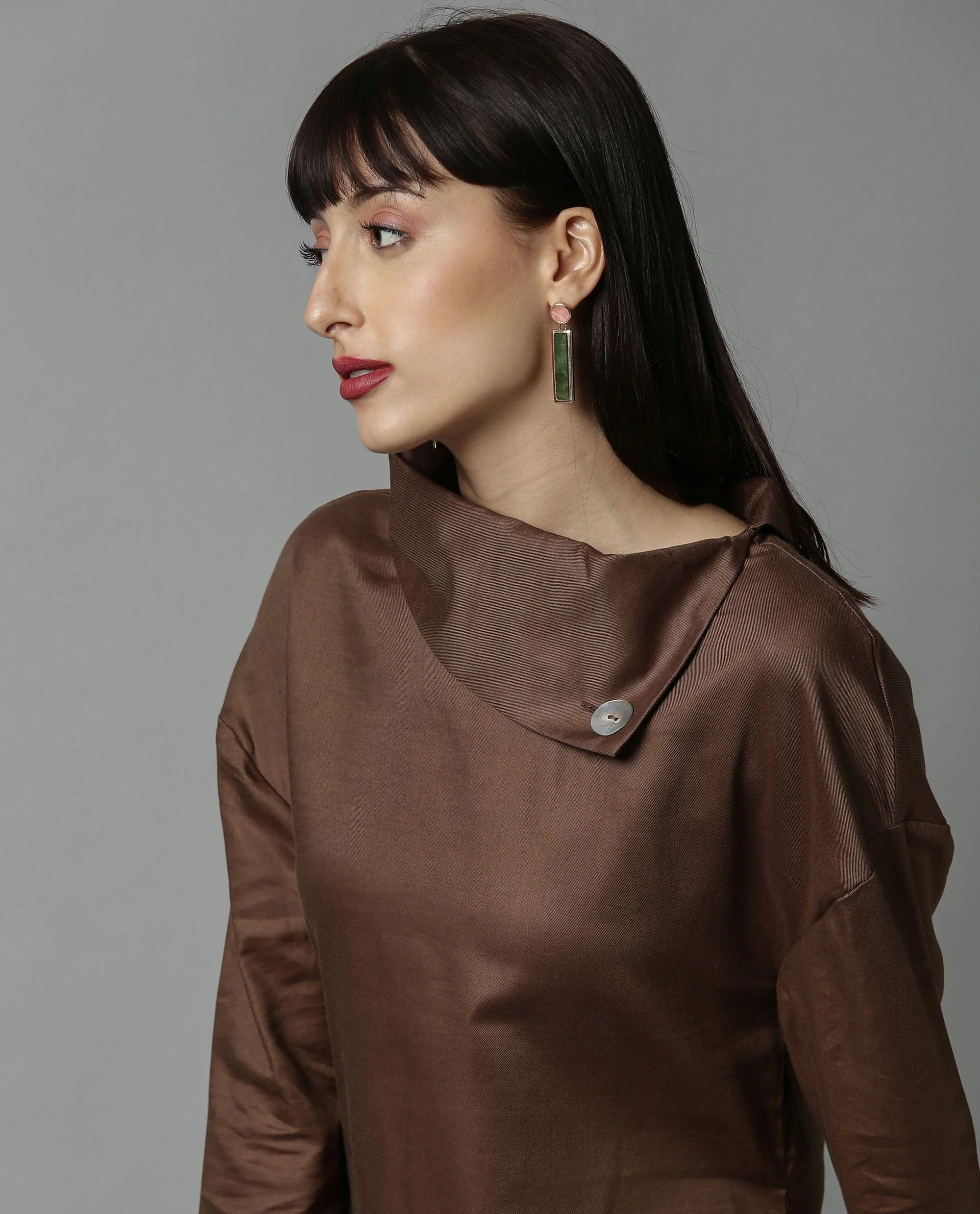 Rareism Womens Graze Khaki Dress Mid Length Cotton Twill Fabric High Neck A Line Dress - Image 2