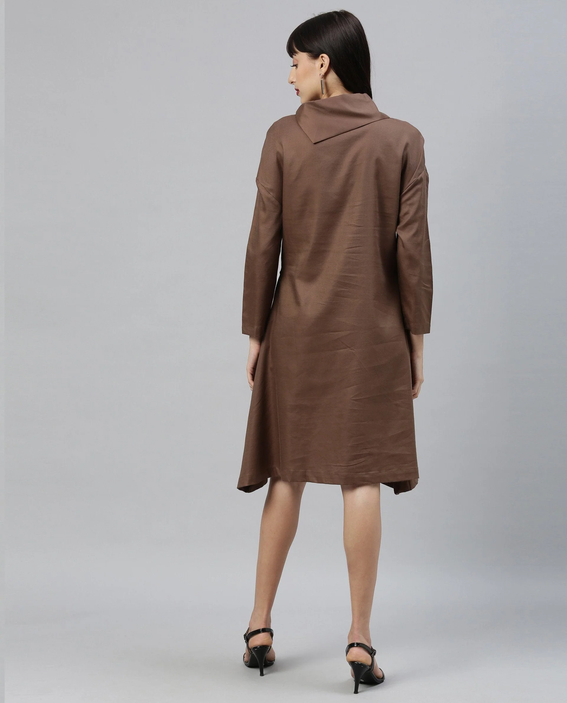 Rareism Womens Graze Khaki Dress Mid Length Cotton Twill Fabric High Neck A Line Dress - Image 3
