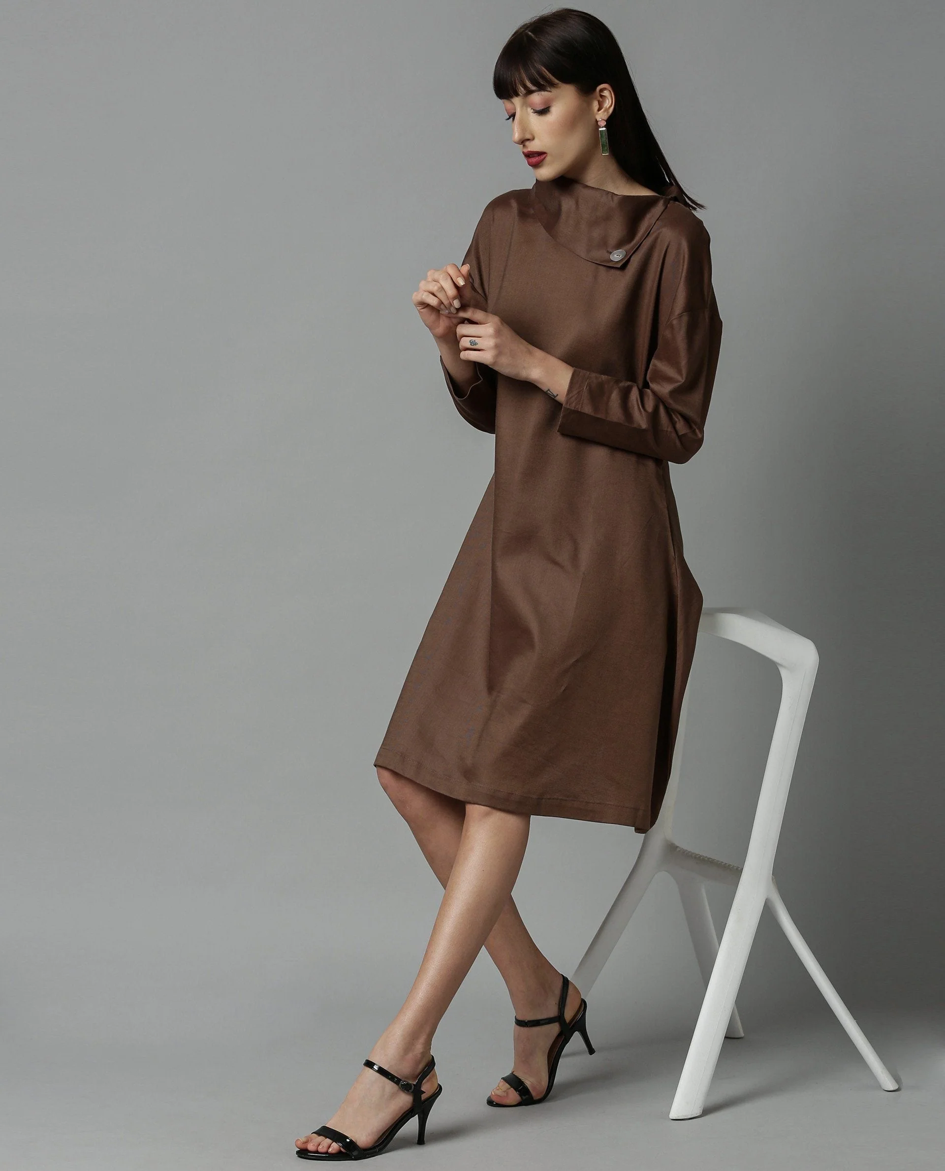 Rareism Womens Graze Khaki Dress Mid Length Cotton Twill Fabric High Neck A Line Dress - Image 4