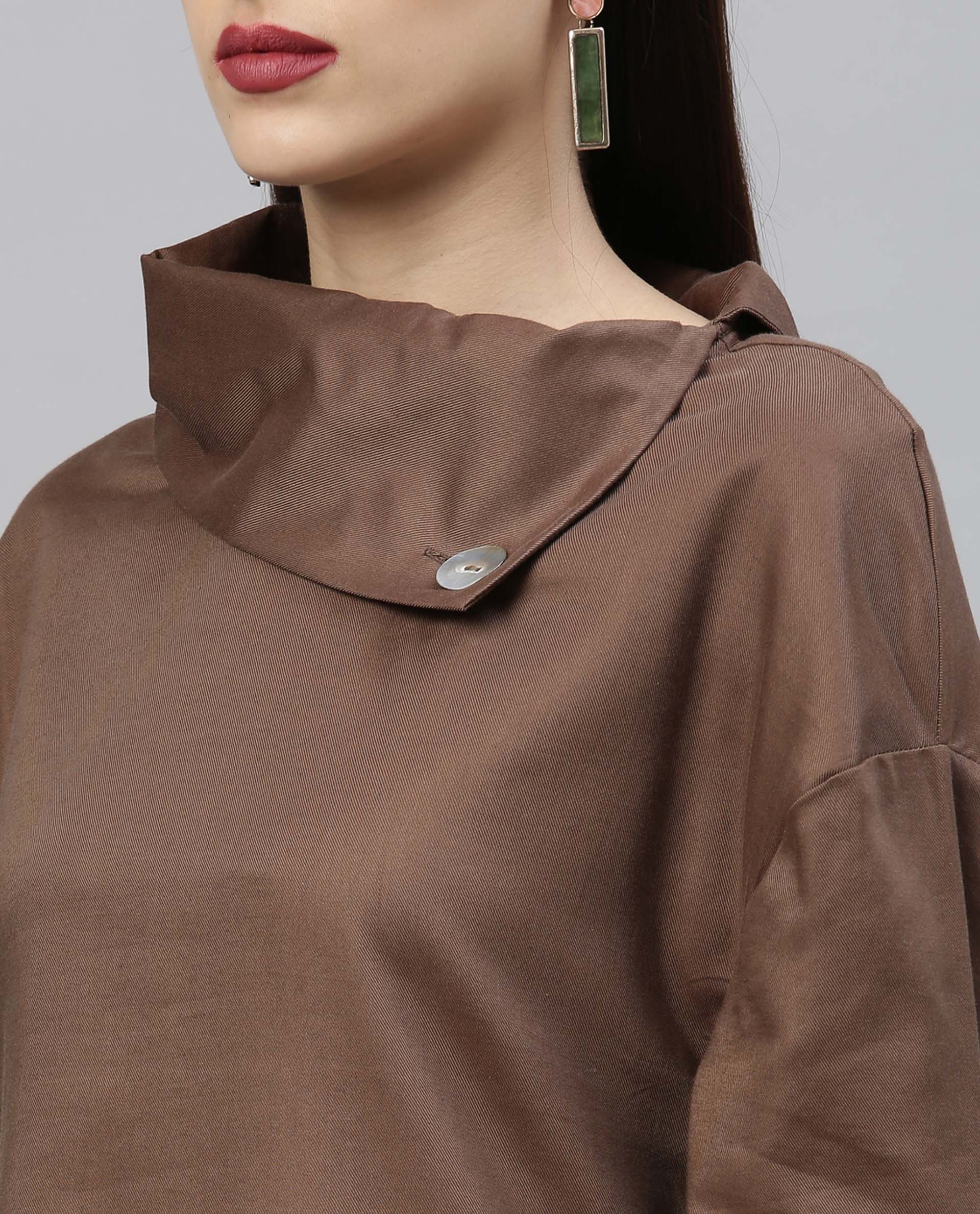 Rareism Womens Graze Khaki Dress Mid Length Cotton Twill Fabric High Neck A Line Dress - Image 5