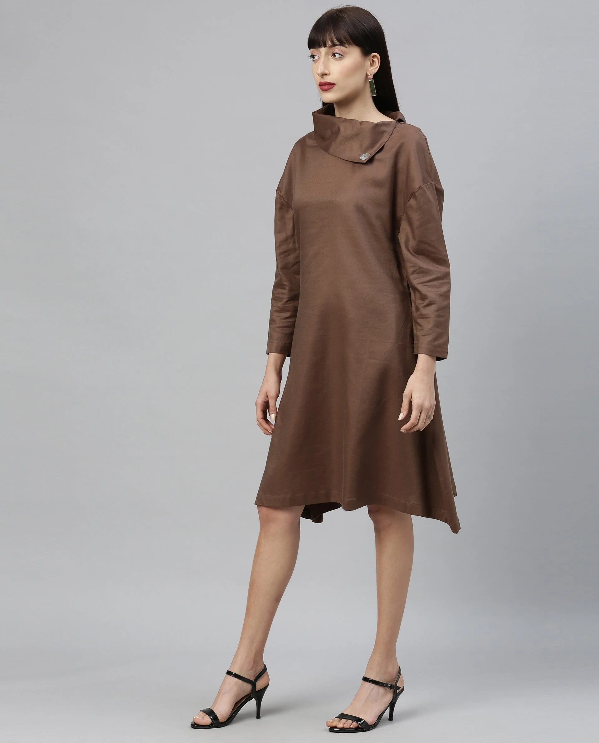 Rareism Womens Graze Khaki Dress Mid Length Cotton Twill Fabric High Neck A Line Dress - Image 6