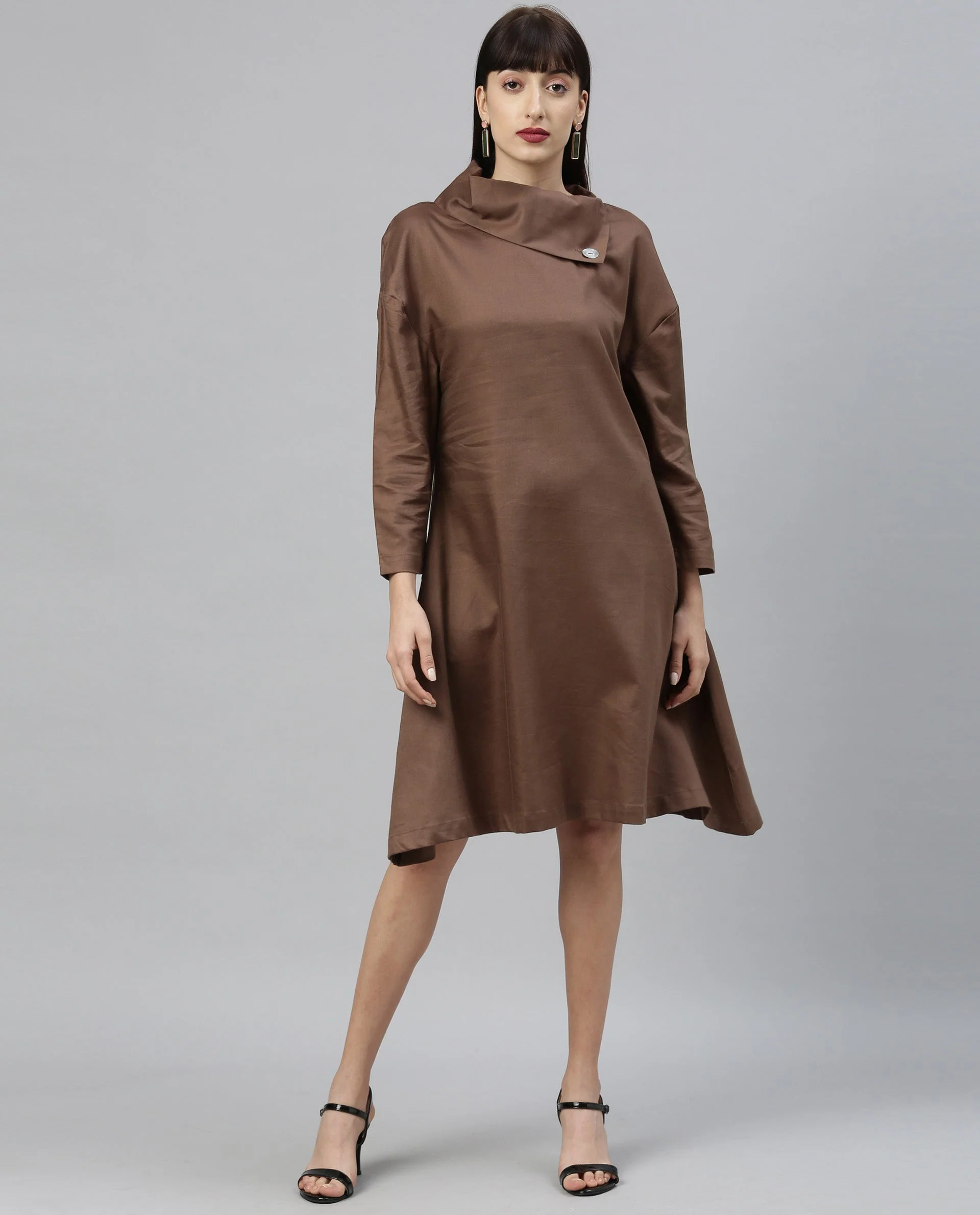 Rareism Womens Graze Khaki Dress Mid Length Cotton Twill Fabric High Neck A Line Dress - Image 7