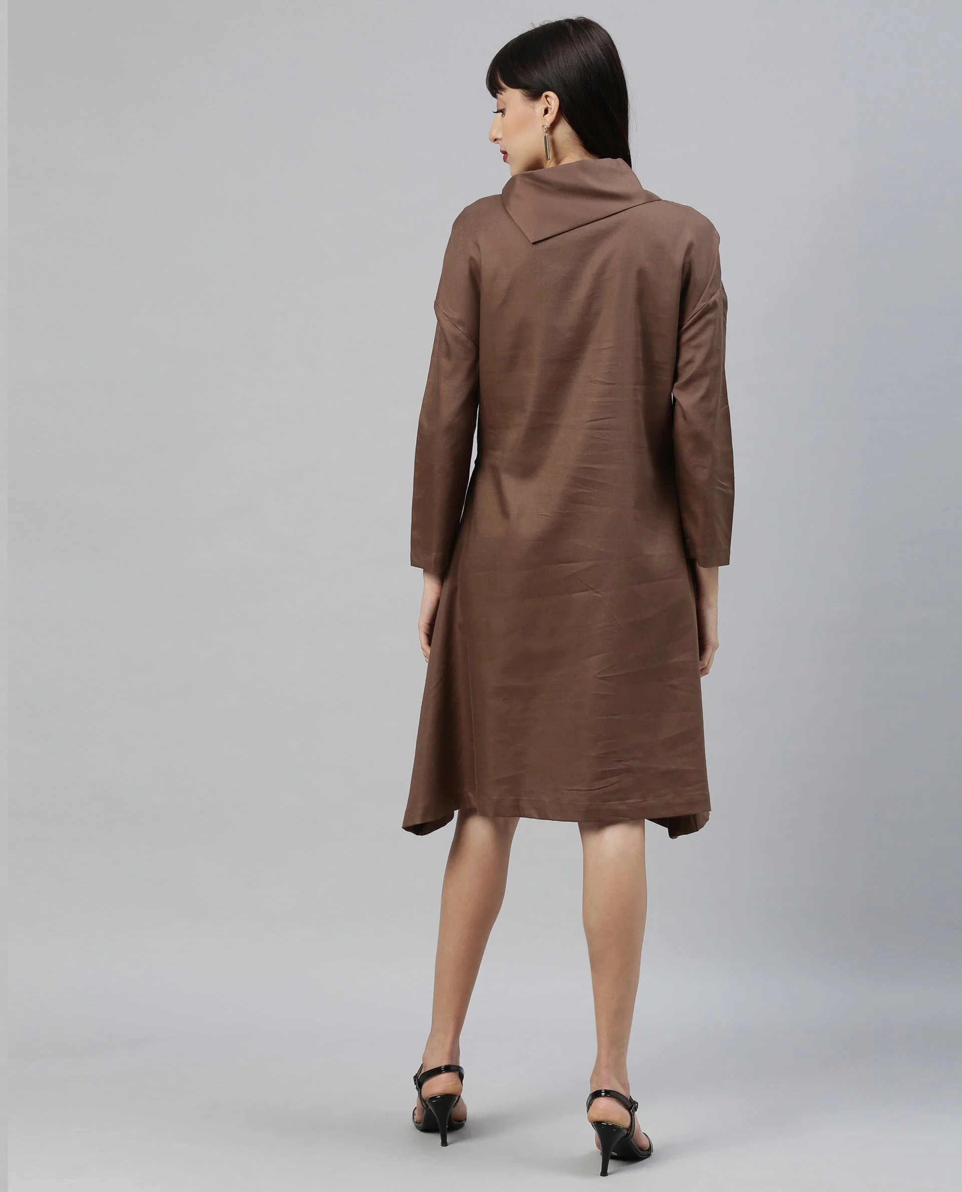 Rareism Womens Graze Khaki Dress Mid Length Cotton Twill Fabric High Neck A Line Dress - Image 8