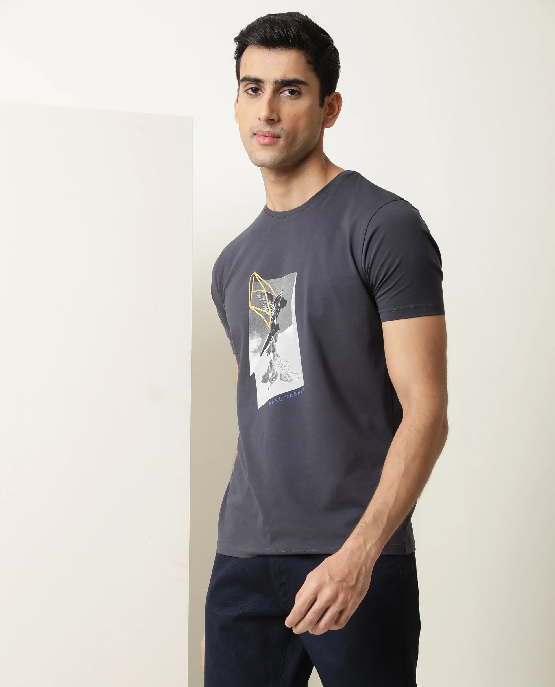 Rare Rabbit Men's Greek Dark Grey Cotton Graphic Print Slim Fit Half Sleeve Crew Neck T-Shirt - Image 2