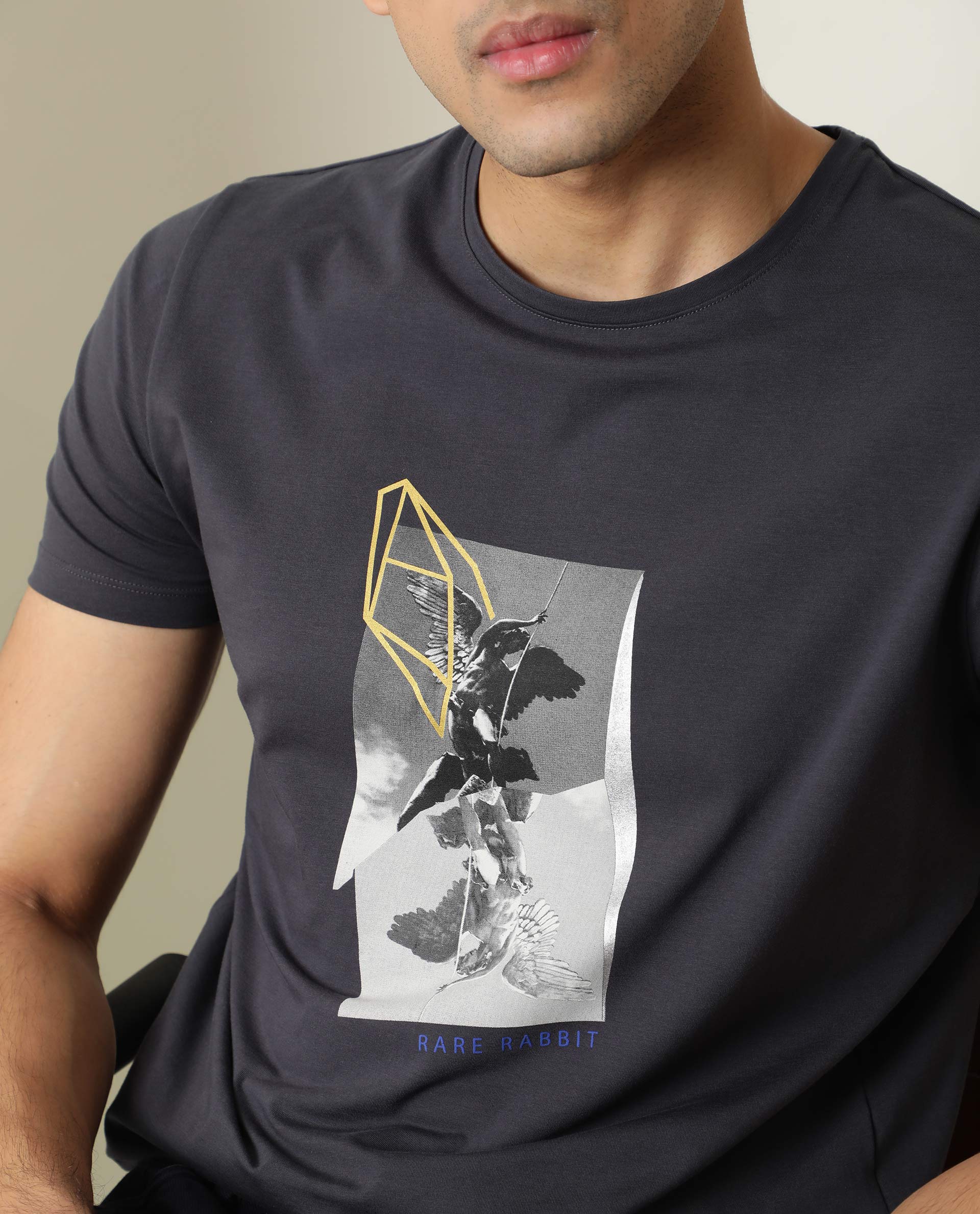 Rare Rabbit Men's Greek Dark Grey Cotton Graphic Print Slim Fit Half Sleeve Crew Neck T-Shirt - Image 3