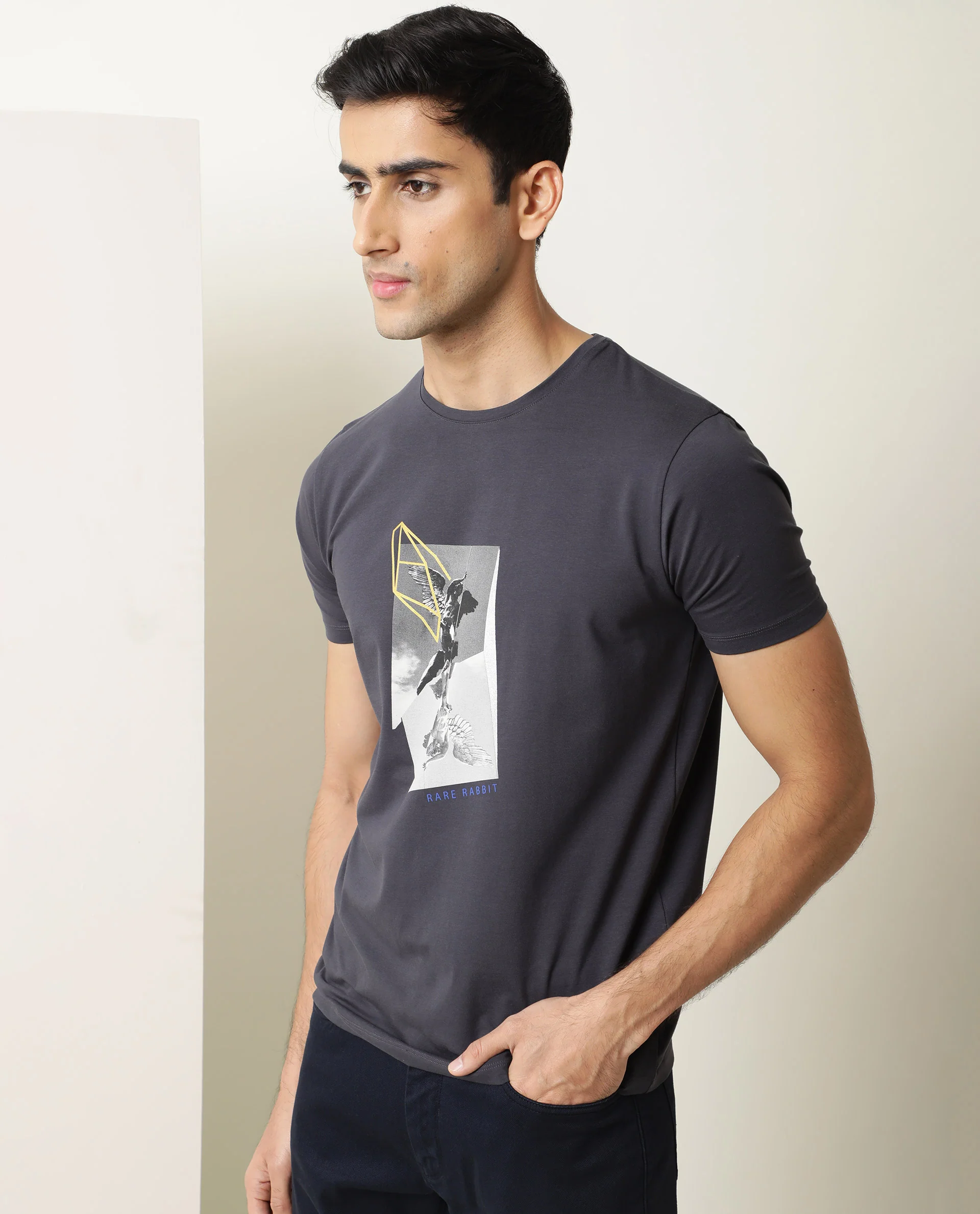 Rare Rabbit Men's Greek Dark Grey Cotton Graphic Print Slim Fit Half Sleeve Crew Neck T-Shirt - Image 4