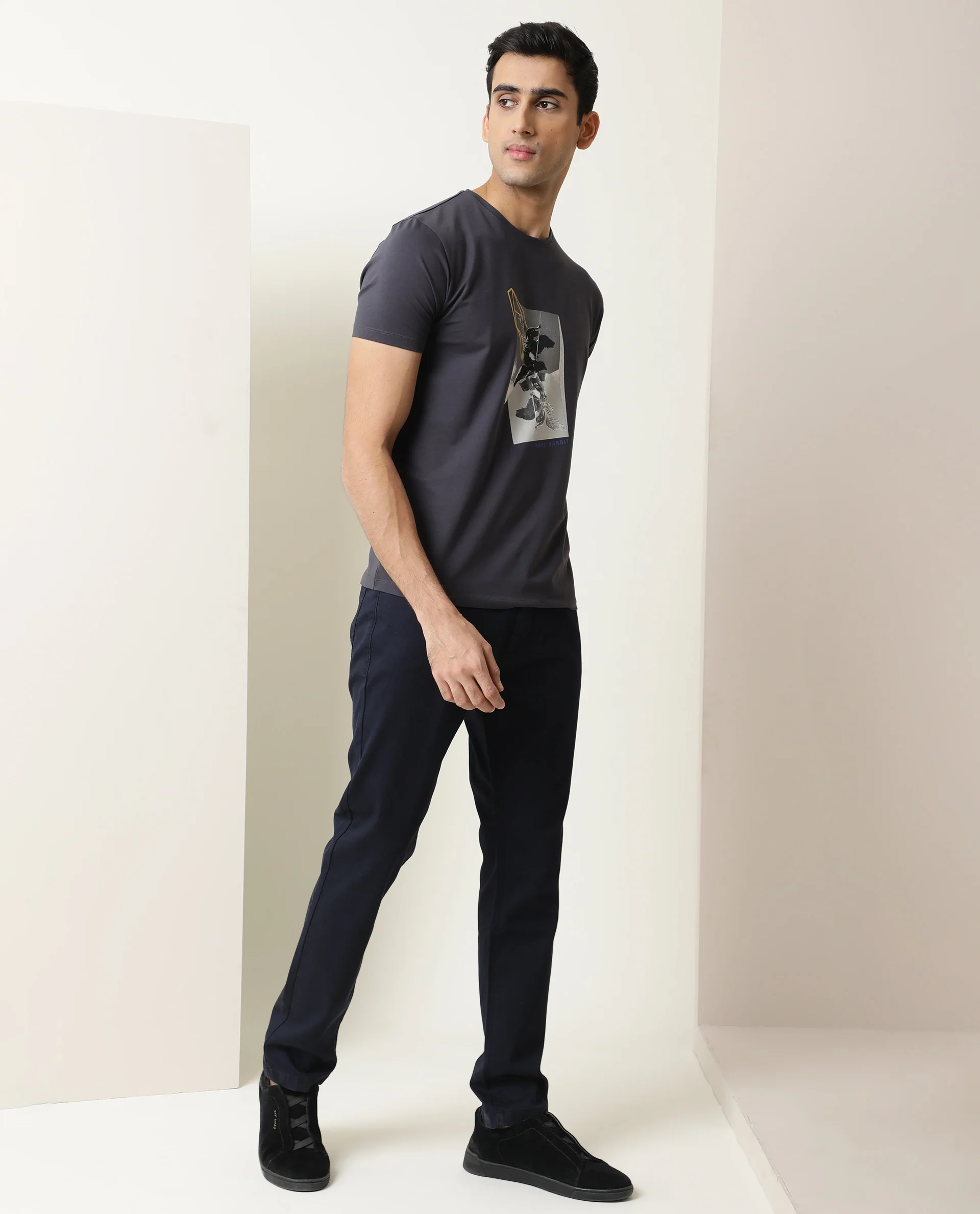 Rare Rabbit Men's Greek Dark Grey Cotton Graphic Print Slim Fit Half Sleeve Crew Neck T-Shirt - Image 5