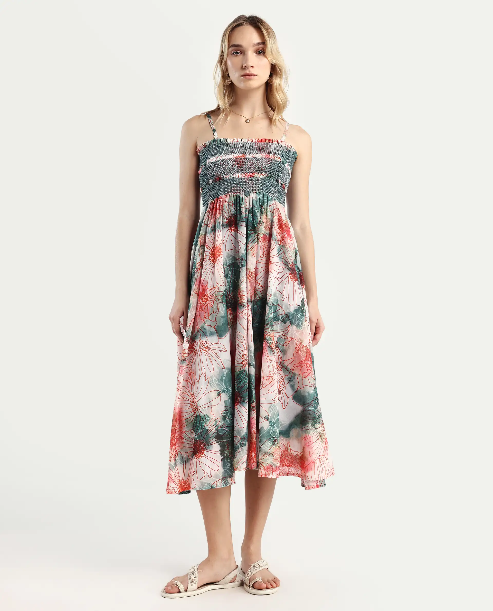 Rareism Women's Greevs Multi Cotton Shoulder Strap Floral Print Sleeveless Midi Fit And Flare Dress - Image 2