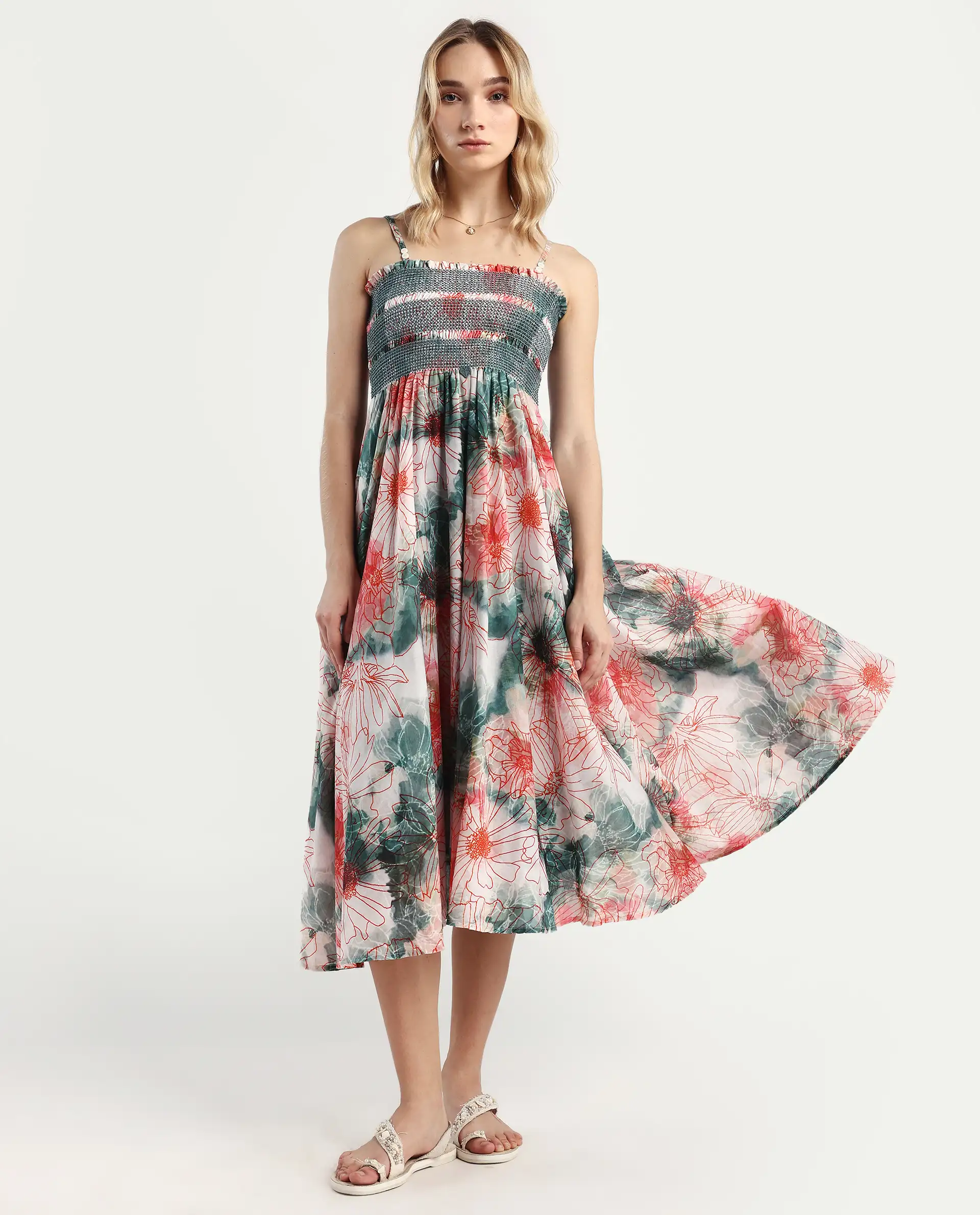 Rareism Women's Greevs Multi Cotton Shoulder Strap Floral Print Sleeveless Midi Fit And Flare Dress - Image 3