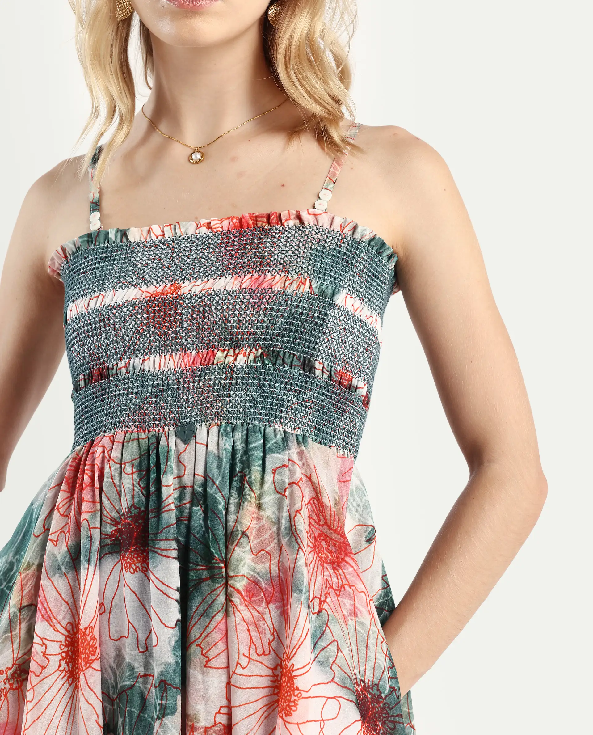 Rareism Women's Greevs Multi Cotton Shoulder Strap Floral Print Sleeveless Midi Fit And Flare Dress - Image 4