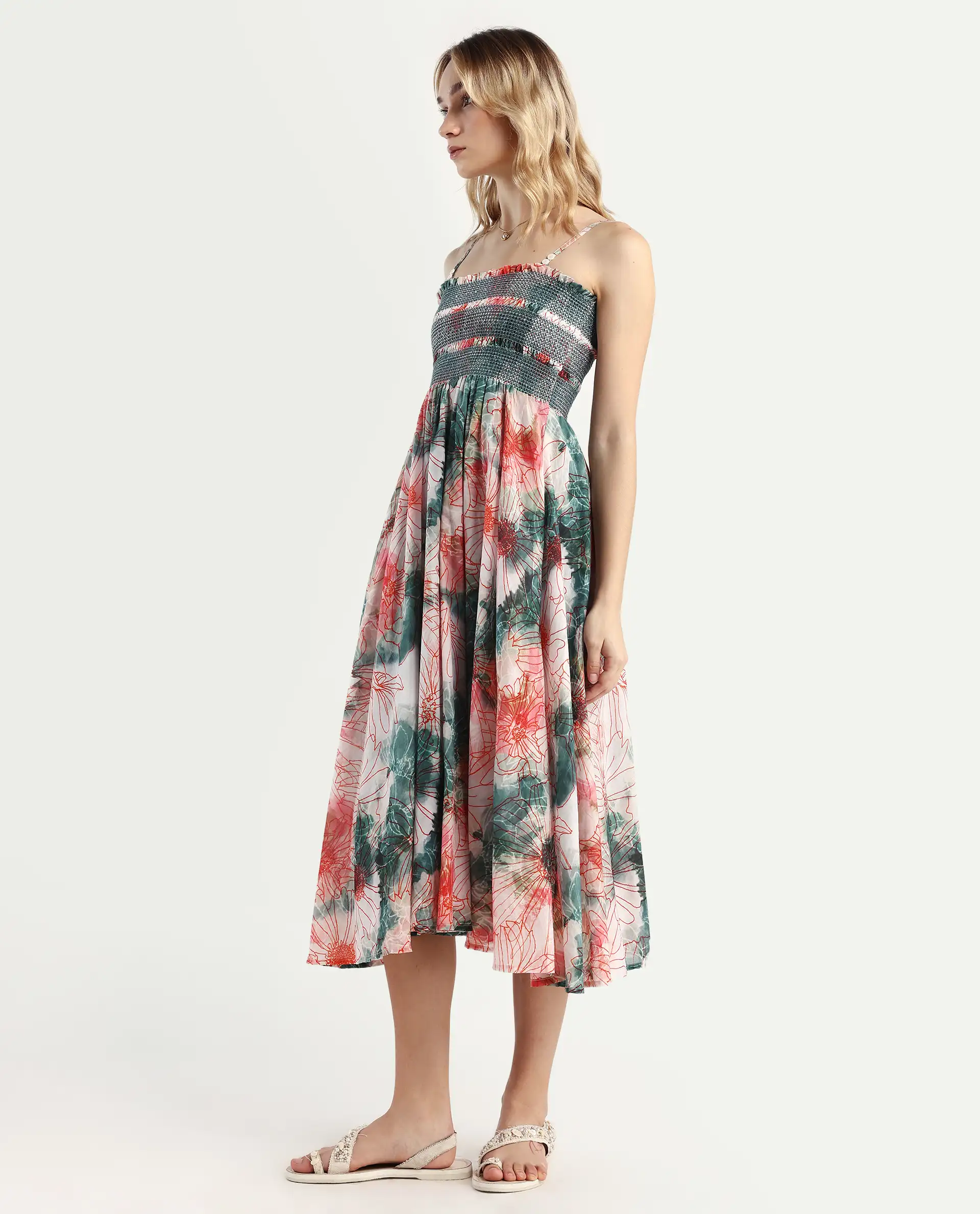 Rareism Women's Greevs Multi Cotton Shoulder Strap Floral Print Sleeveless Midi Fit And Flare Dress - Image 5