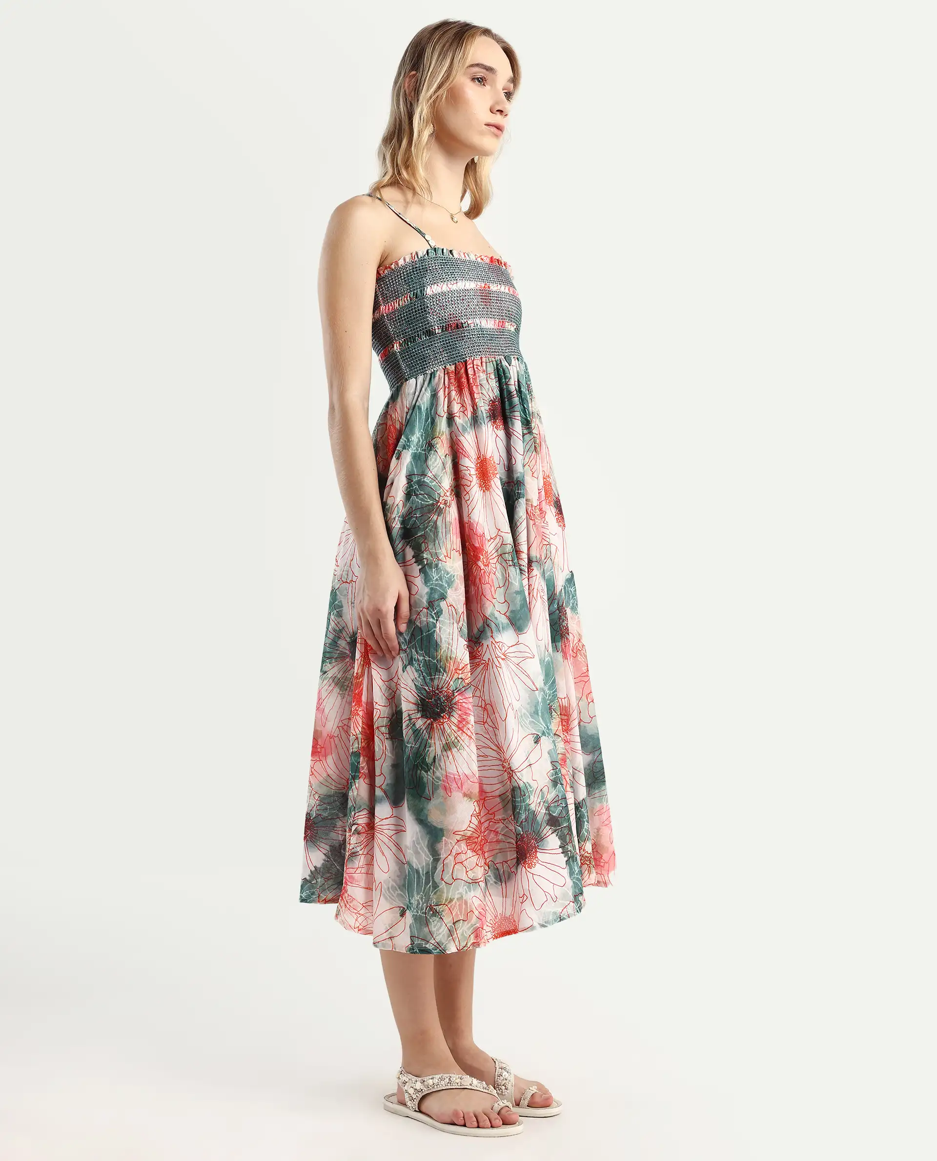 Rareism Women's Greevs Multi Cotton Shoulder Strap Floral Print Sleeveless Midi Fit And Flare Dress - Image 6