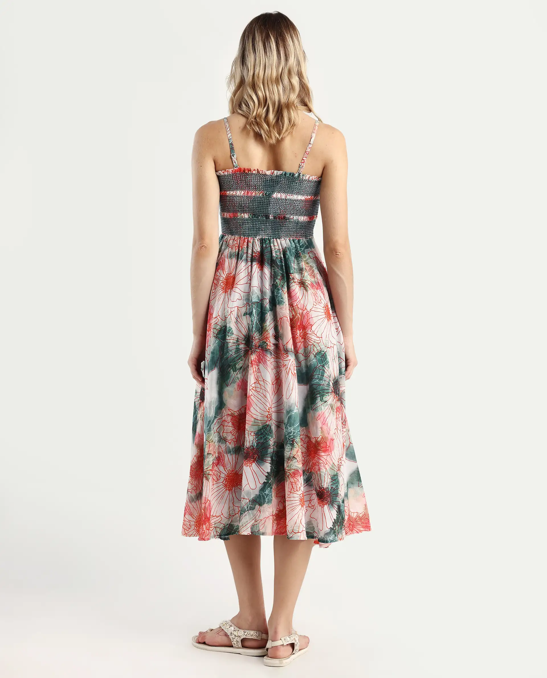 Rareism Women's Greevs Multi Cotton Shoulder Strap Floral Print Sleeveless Midi Fit And Flare Dress - Image 7