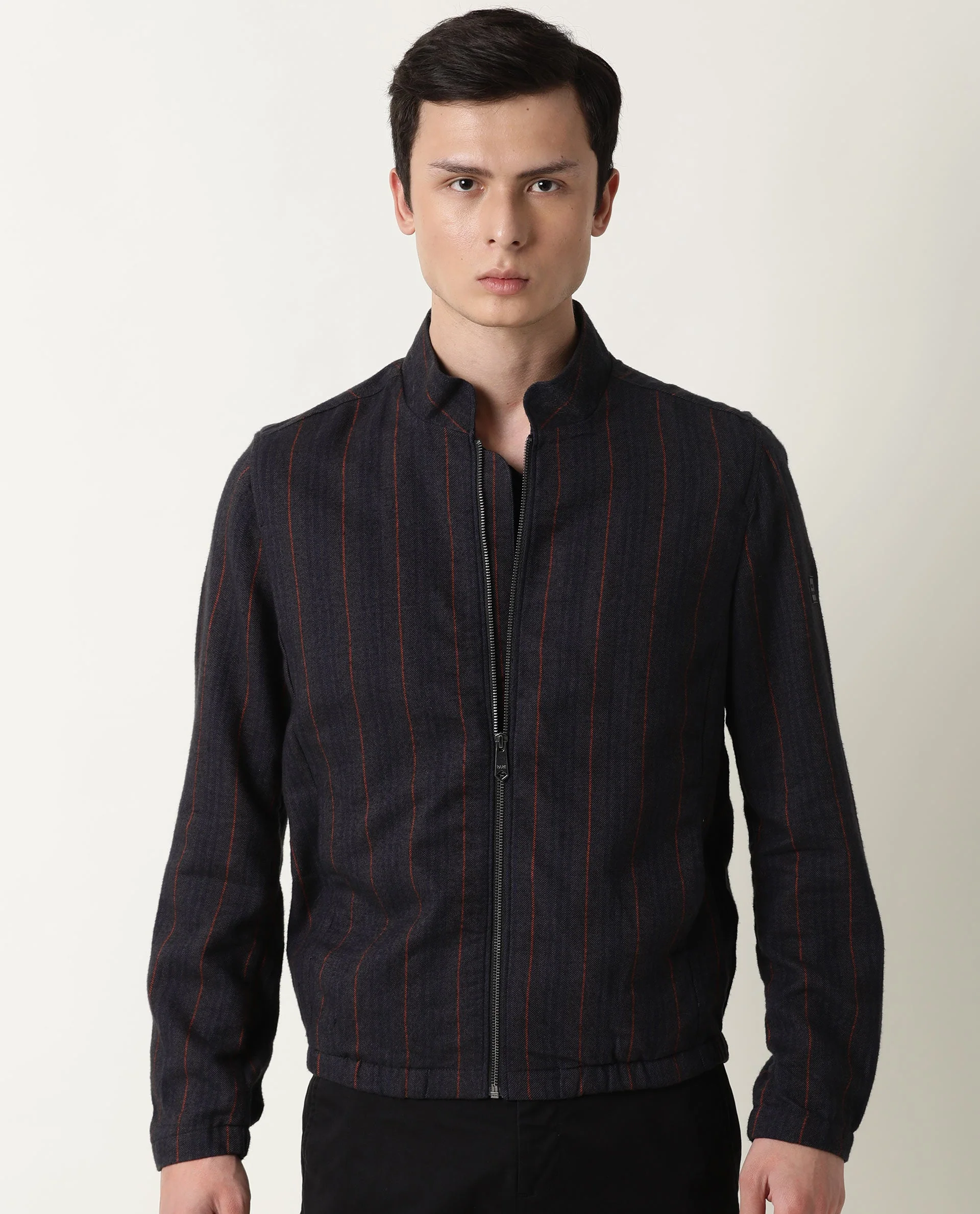 Rare Rabbit Men's Greg Grey Cotton Striped Print Regular Fit Full Sleeve Mandarin Collar Jacket - Image 3