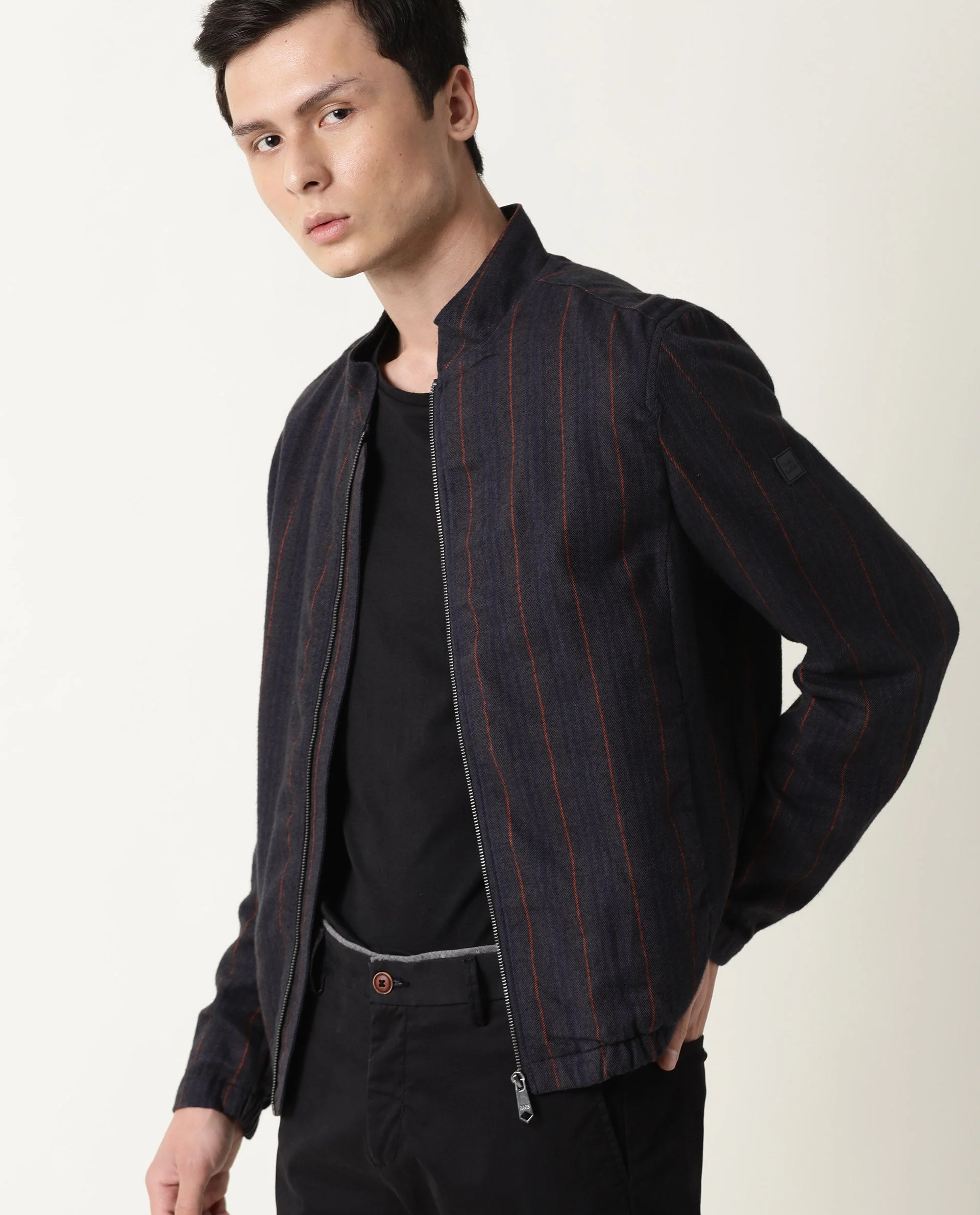 Rare Rabbit Men's Greg Grey Cotton Striped Print Regular Fit Full Sleeve Mandarin Collar Jacket - Image 4