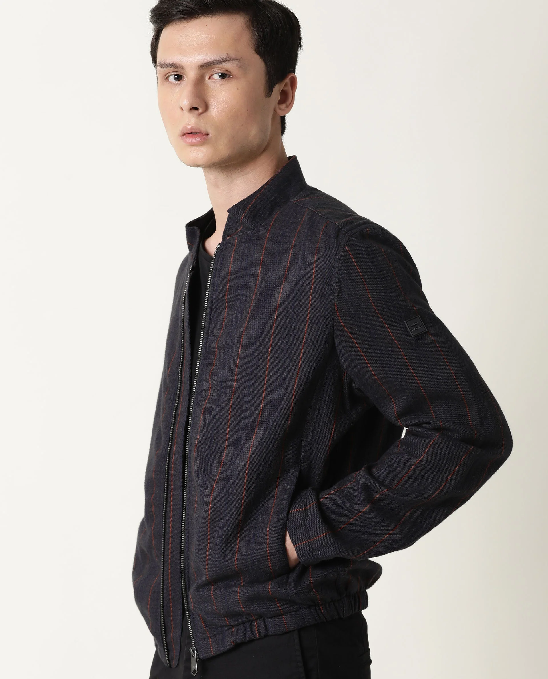 Rare Rabbit Men's Greg Grey Cotton Striped Print Regular Fit Full Sleeve Mandarin Collar Jacket - Image 5
