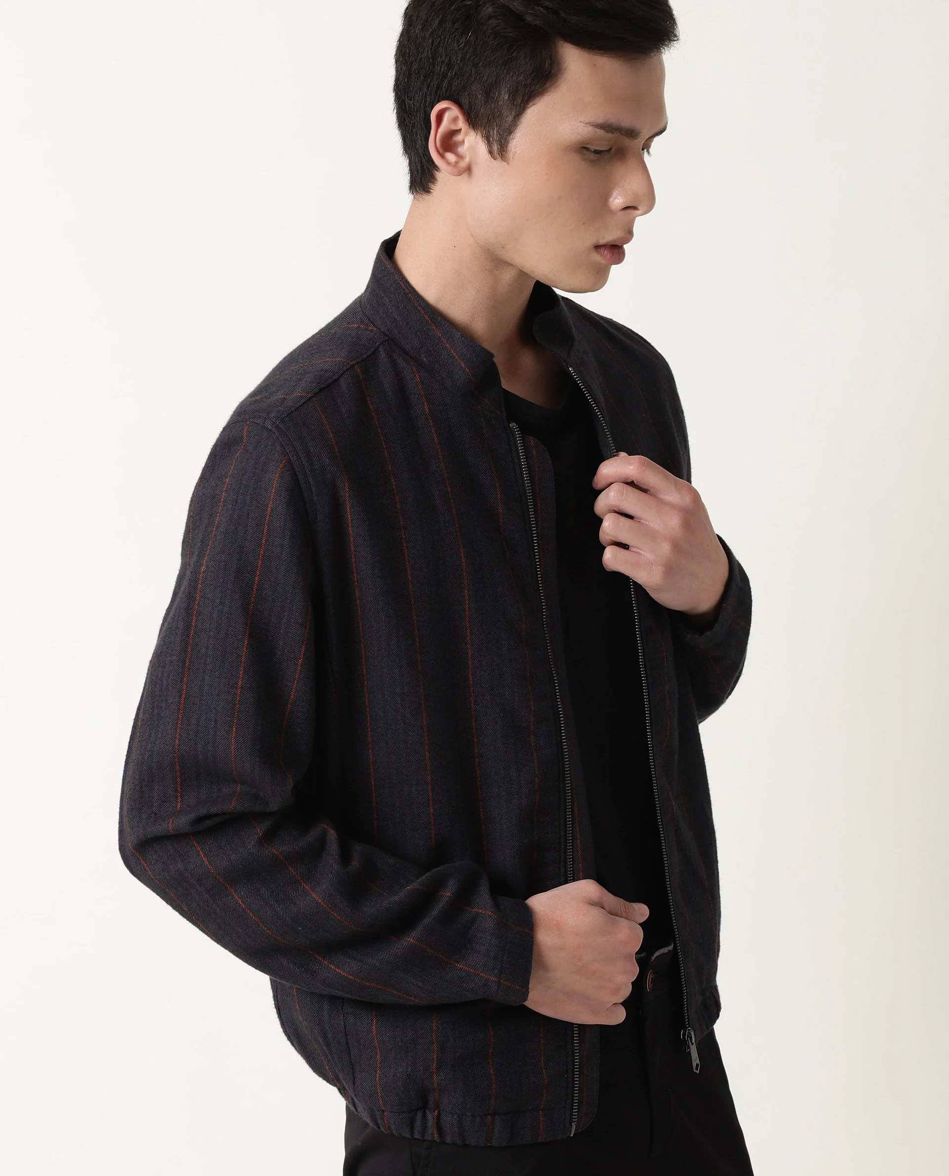 Rare Rabbit Men's Greg Grey Cotton Striped Print Regular Fit Full Sleeve Mandarin Collar Jacket - Image 6