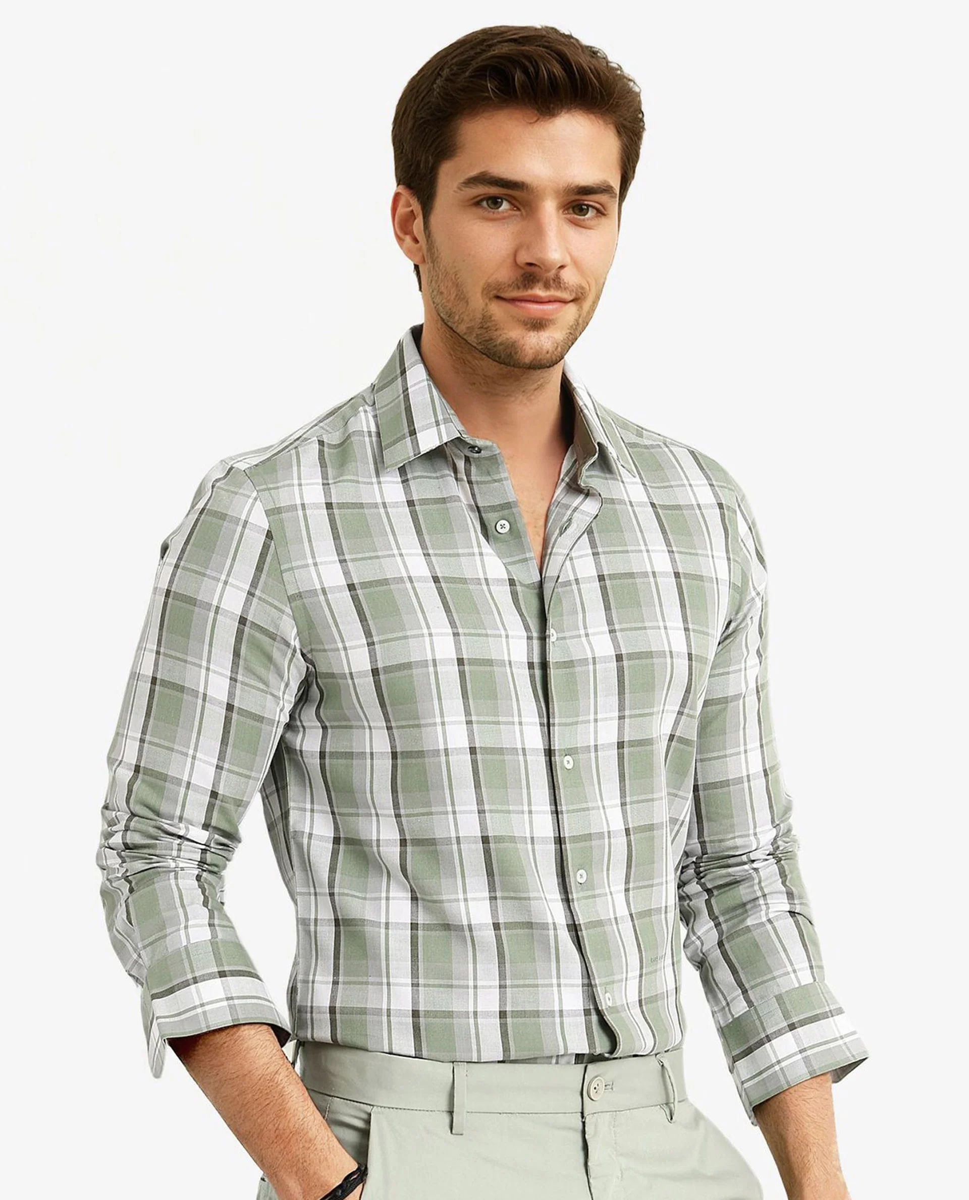 Rare Rabbit Men's Greg Green Cotton Checked Print Regular Fit Full Sleeve Collared Shirt - Image 4