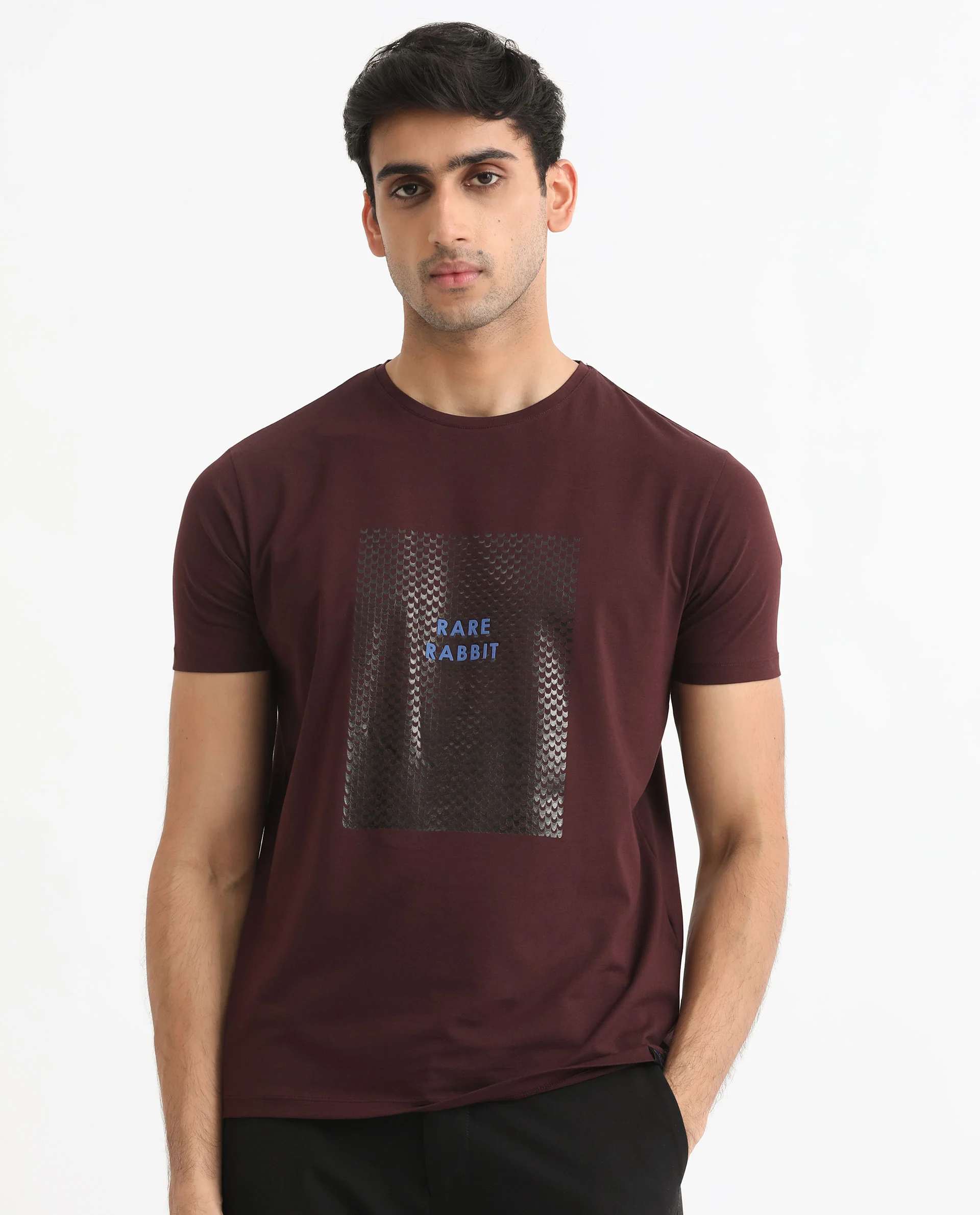 Rare Rabbit Men's Gregory Maroon Cotton Graphic Print Slim Fit Half Sleeve Crew Neck T-Shirt - Image 2