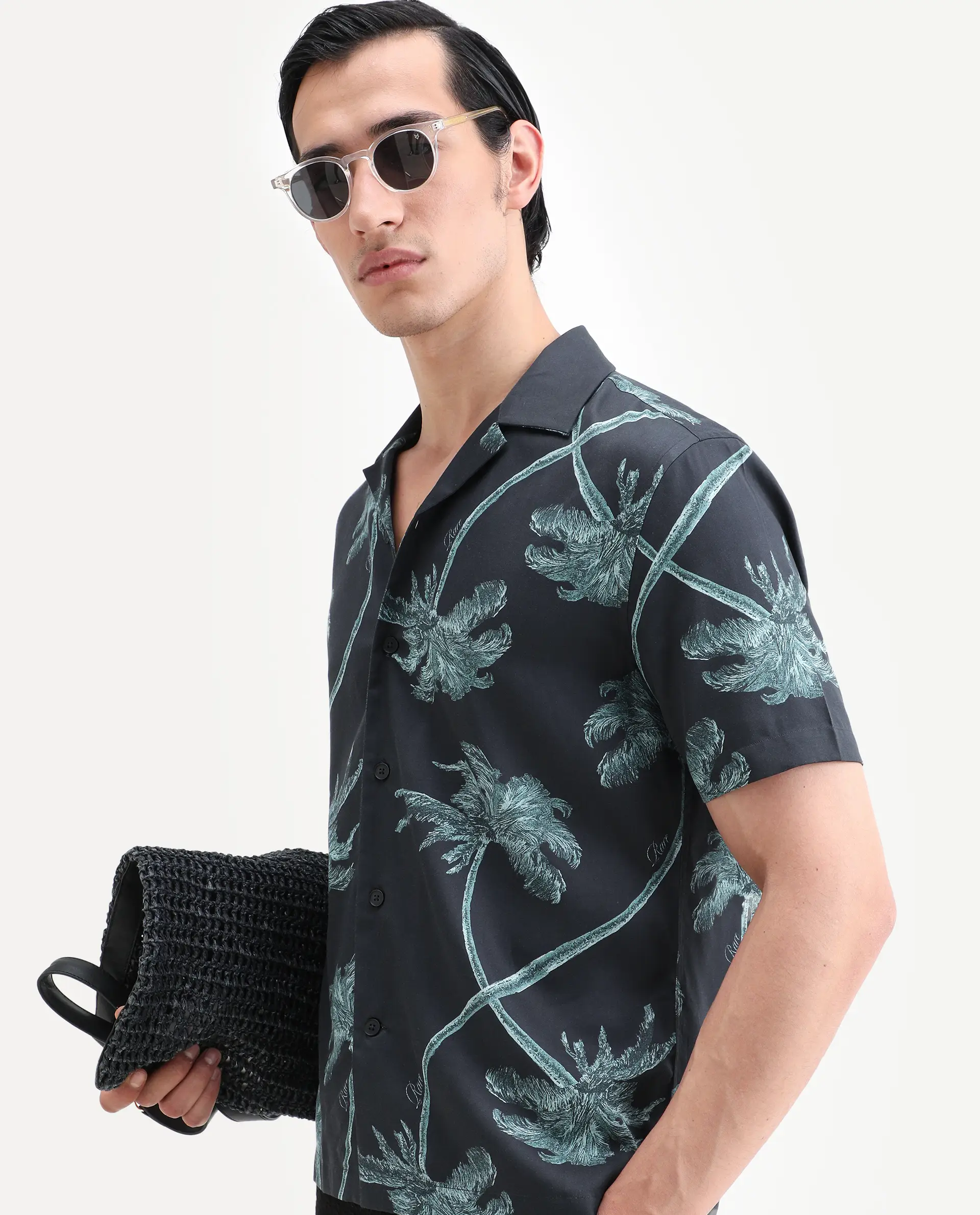 Rare Rabbit Men's Greko Black Cotton Blend Fabric Half Sleeve Cuban Collar Regular Fit Tropical Print Shirt