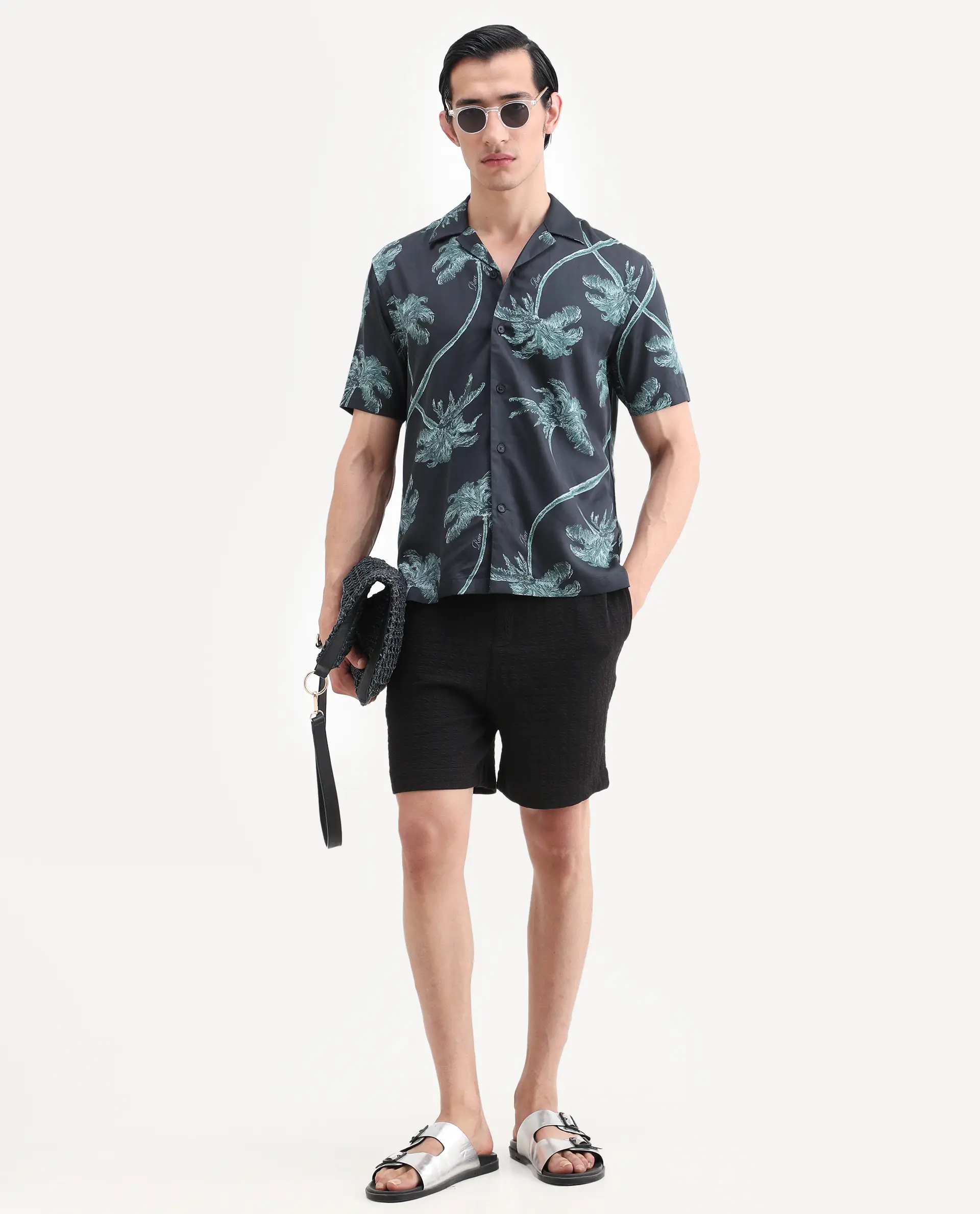 Rare Rabbit Men's Greko Black Cotton Blend Fabric Half Sleeve Cuban Collar Regular Fit Tropical Print Shirt - Image 2