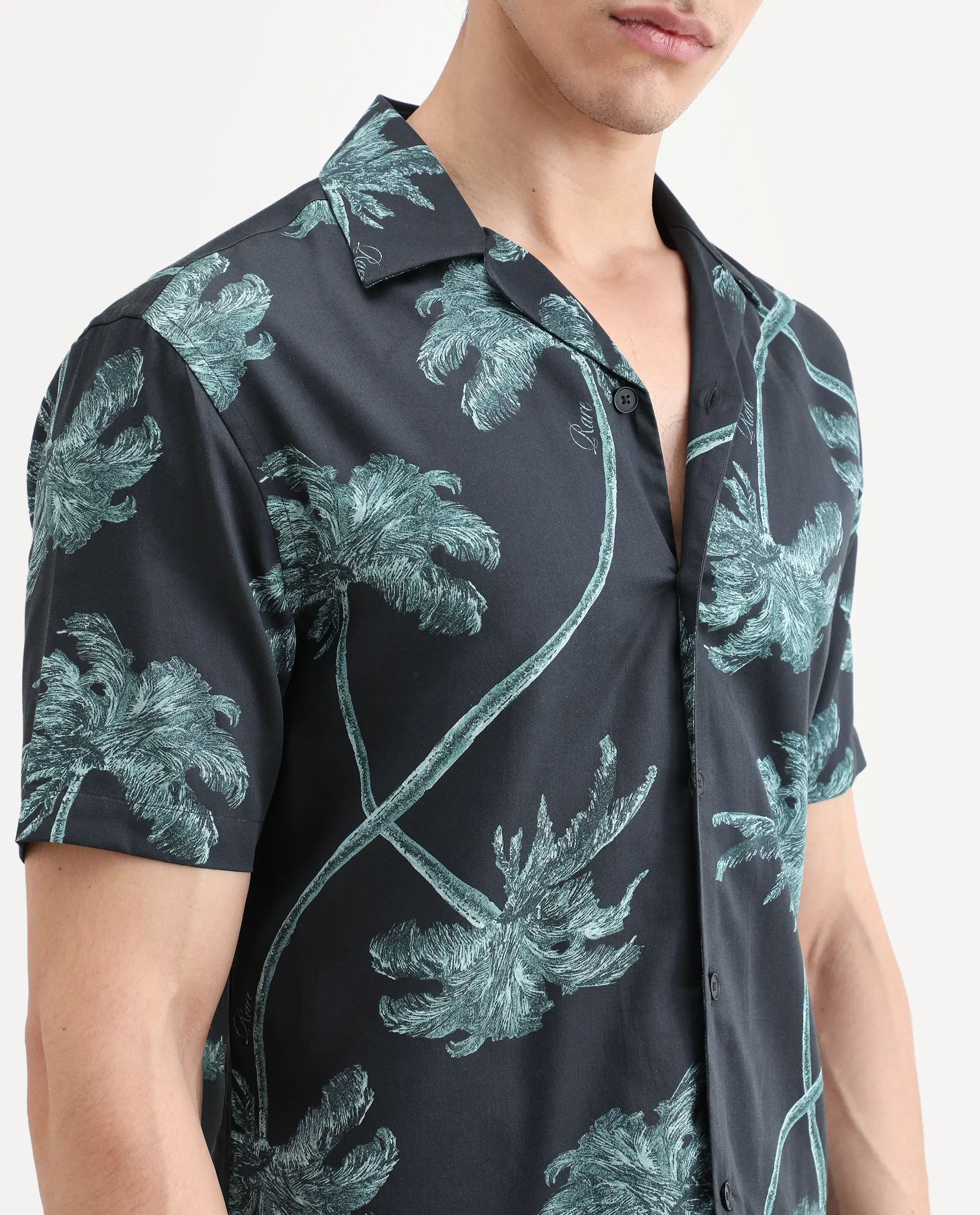 Rare Rabbit Men's Greko Black Cotton Blend Fabric Half Sleeve Cuban Collar Regular Fit Tropical Print Shirt - Image 3