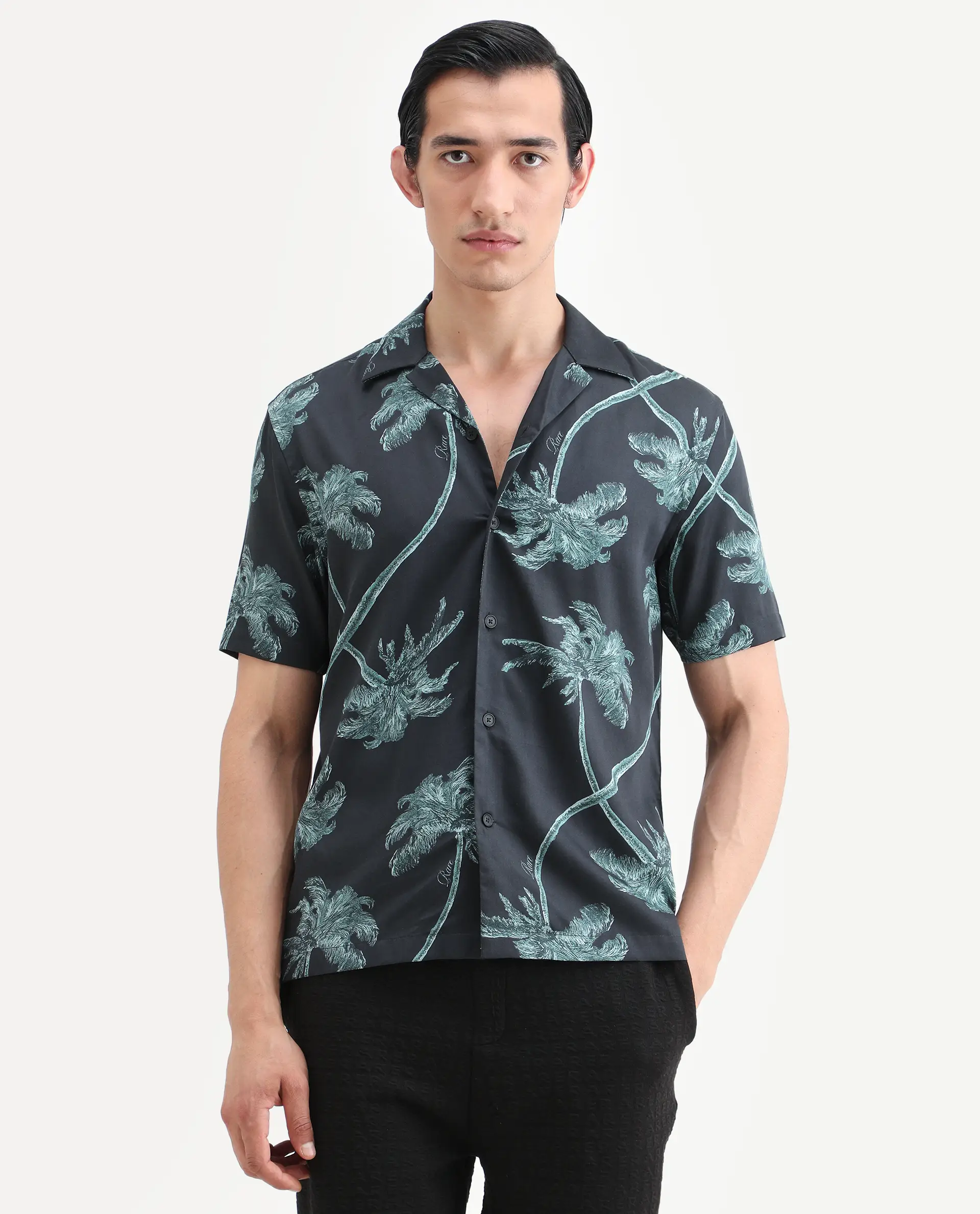 Rare Rabbit Men's Greko Black Cotton Blend Fabric Half Sleeve Cuban Collar Regular Fit Tropical Print Shirt - Image 4