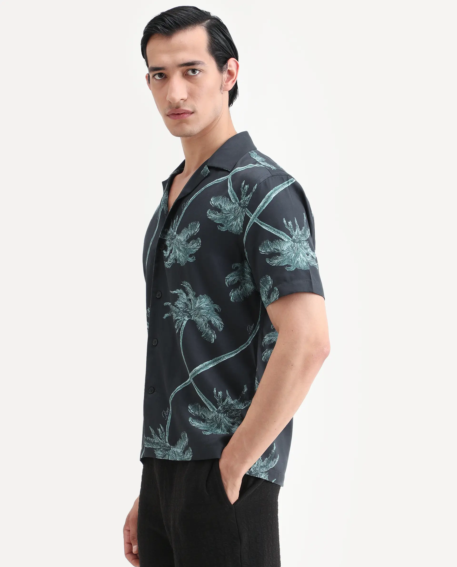 Rare Rabbit Men's Greko Black Cotton Blend Fabric Half Sleeve Cuban Collar Regular Fit Tropical Print Shirt - Image 5