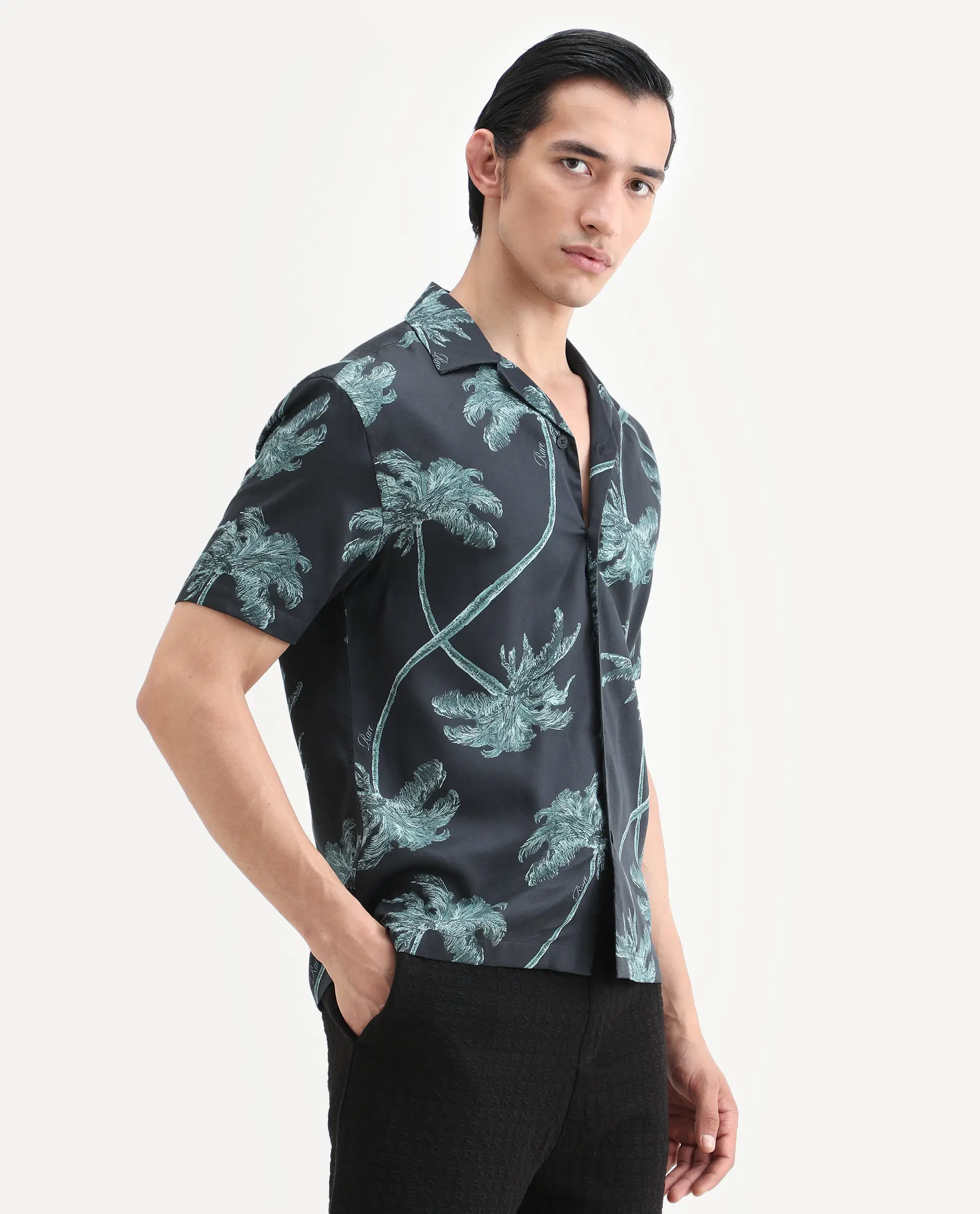Rare Rabbit Men's Greko Black Cotton Blend Fabric Half Sleeve Cuban Collar Regular Fit Tropical Print Shirt - Image 6