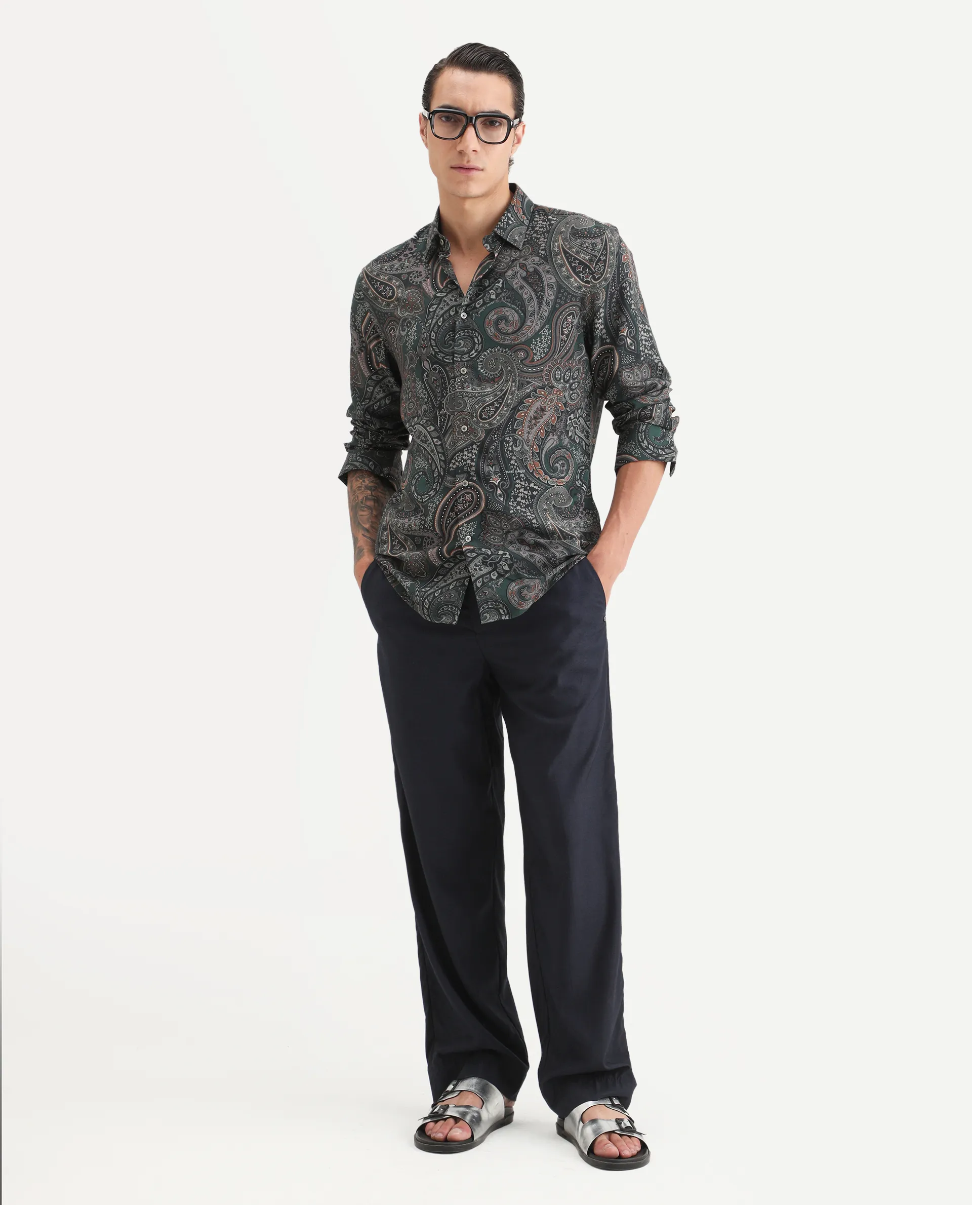 Rare Rabbit Men's Grent Green Viscose Fabric Collared Neck Regular Fit Paisley Print Shirt - Image 2