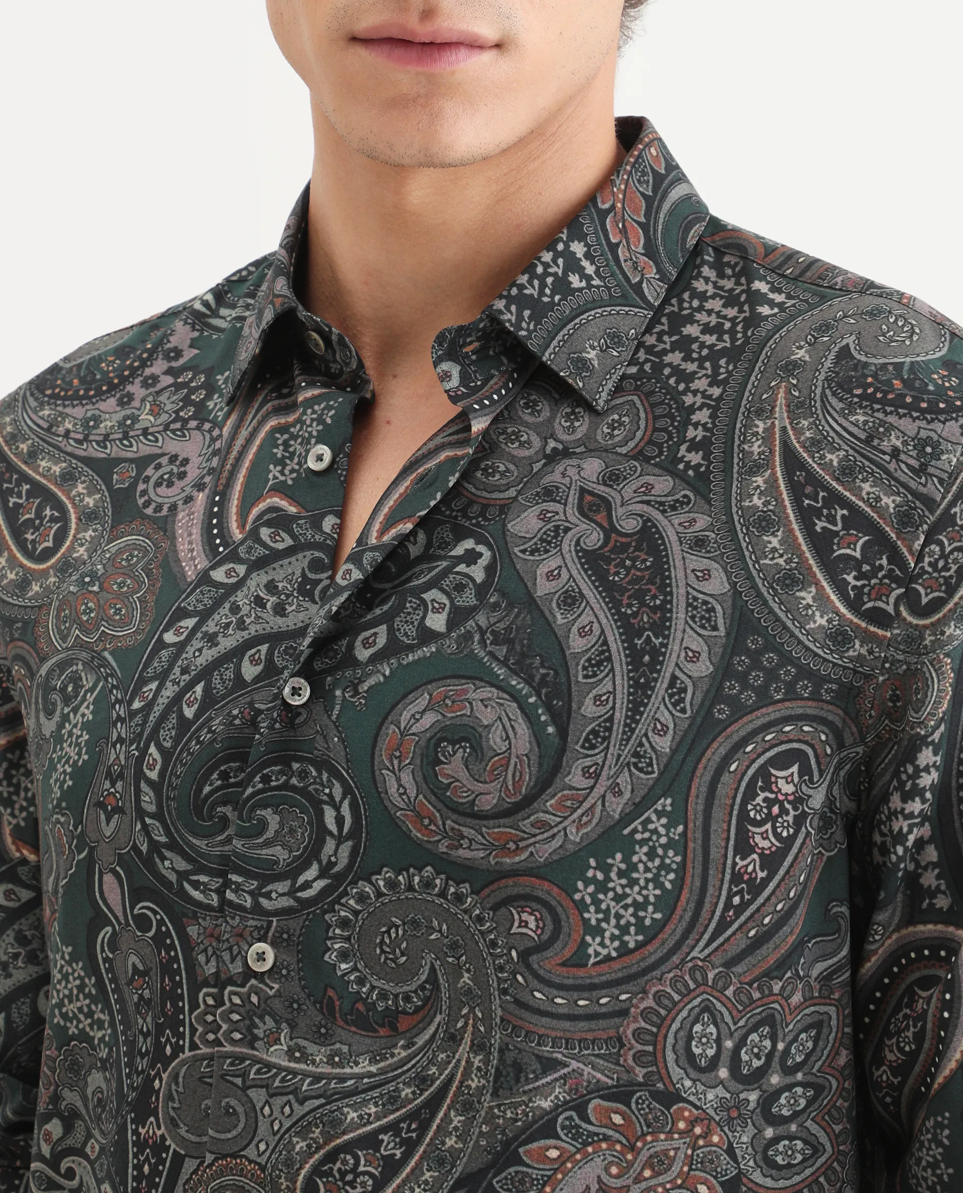 Rare Rabbit Men's Grent Green Viscose Fabric Collared Neck Regular Fit Paisley Print Shirt - Image 3