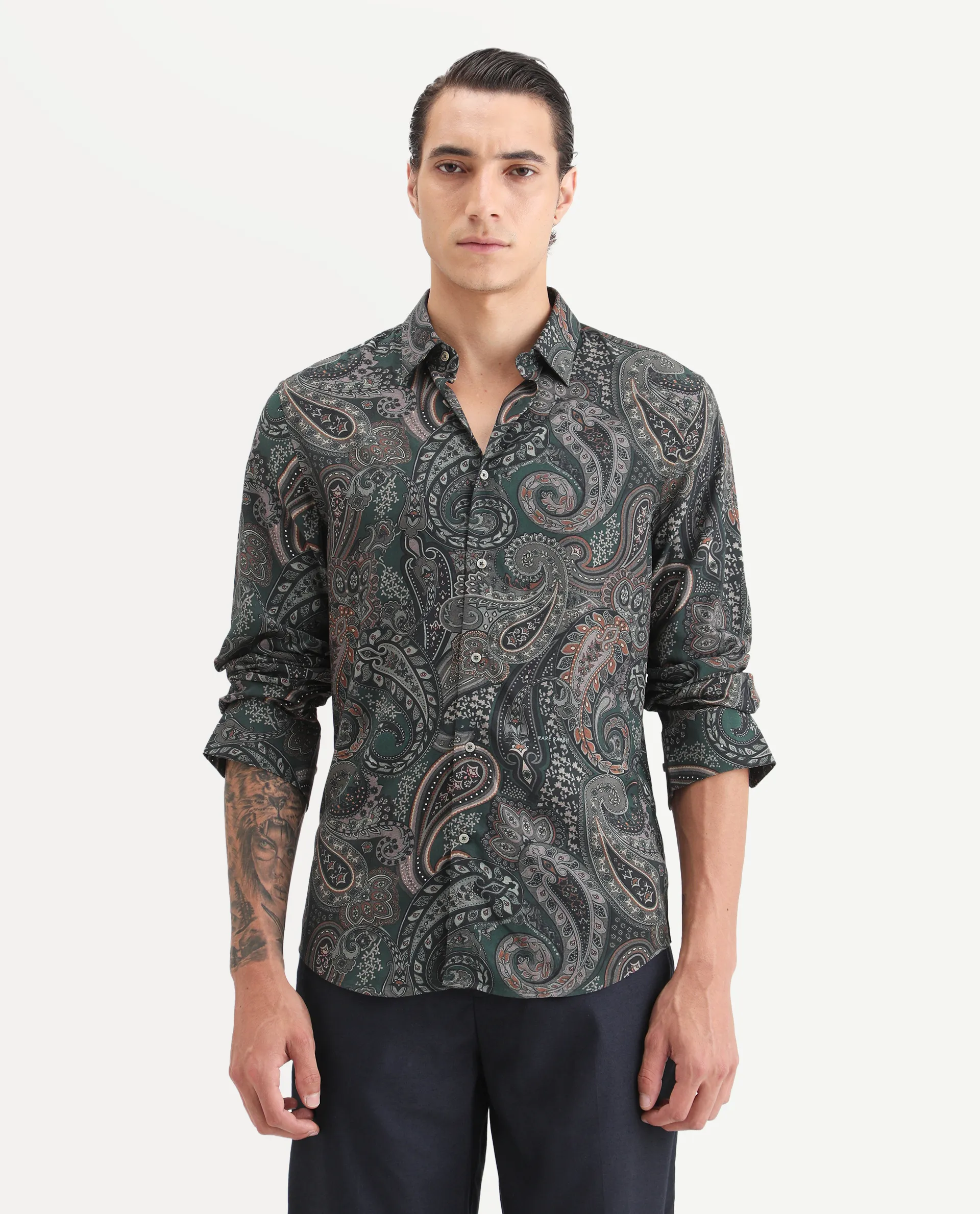 Rare Rabbit Men's Grent Green Viscose Fabric Collared Neck Regular Fit Paisley Print Shirt - Image 4